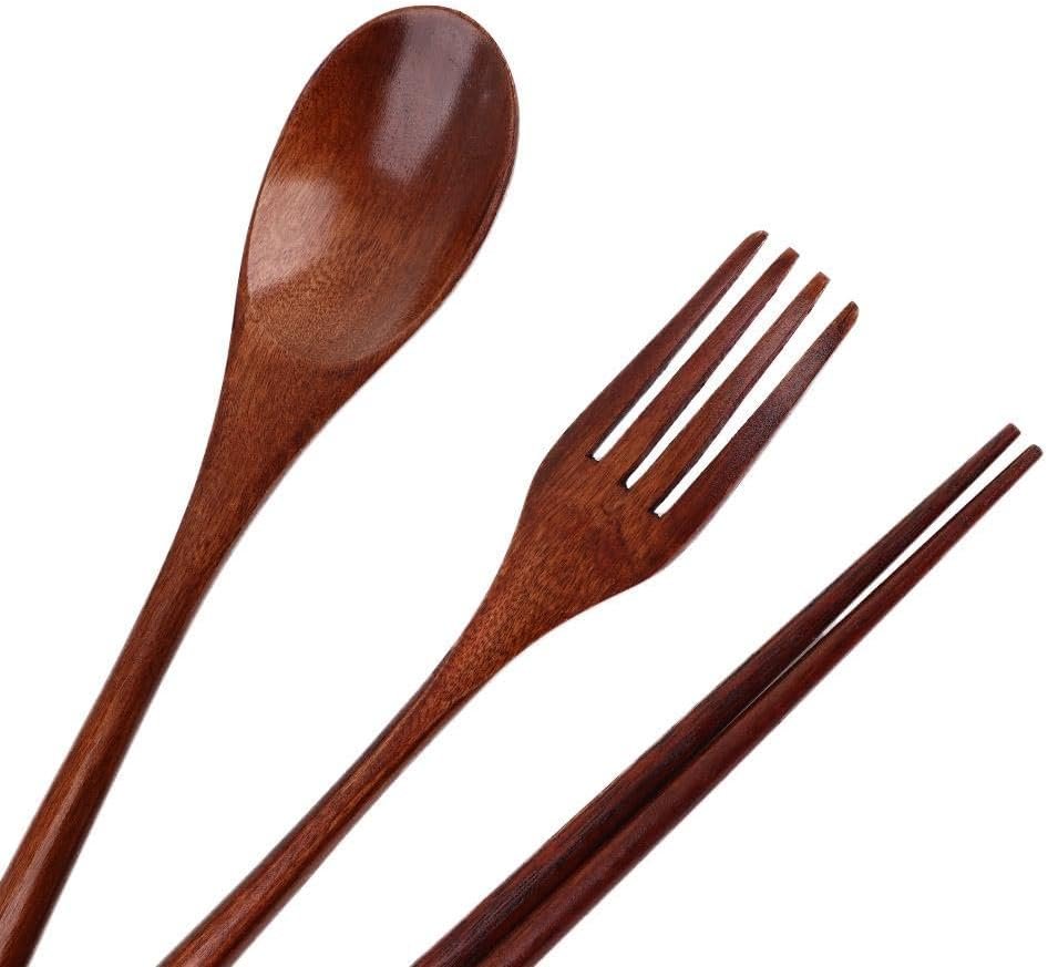 Cutlery 3PCS Fork Chopsticks Spoon Set Portable Tableware Chinese Wooden Utensils Sets Dinner Sets Long Handle Utensils With Fork Spoon Chopsticks - Image 2