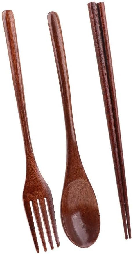 Cutlery 3PCS Fork Chopsticks Spoon Set Portable Tableware Chinese Wooden Utensils Sets Dinner Sets Long Handle Utensils With Fork Spoon Chopsticks