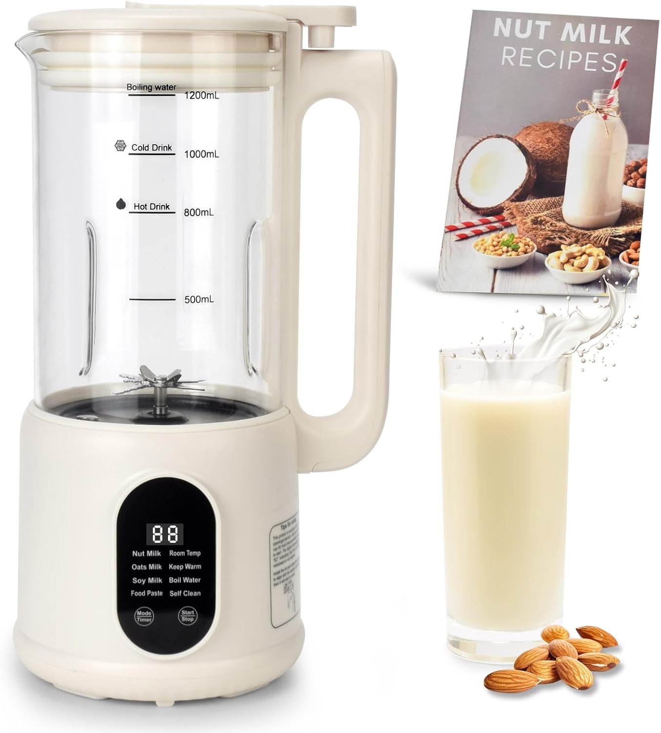 Nut Milk Maker, 8 in 1 Homemade Automatic Plant-Based Milk, Soy Milk, Almond Milk, Oat Milk, Coconut Milk & More, Multifunctional/12 Hours Timer/Auto-Clean/Room Temp/Keep Warm/Boil/Room Temp/Low-Noise