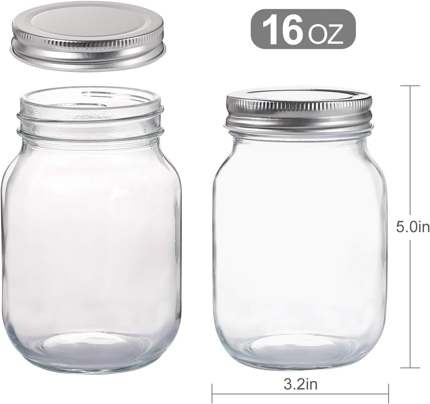Glass Regular Mouth Mason Jars, 16 oz Clear Glass Jars with Silver Metal Lids for Sealing, Canning Jars for Food Storage, Overnight Oats, Dry Food, Snacks, Candies, DIY Projects (4PACK) - Image 2