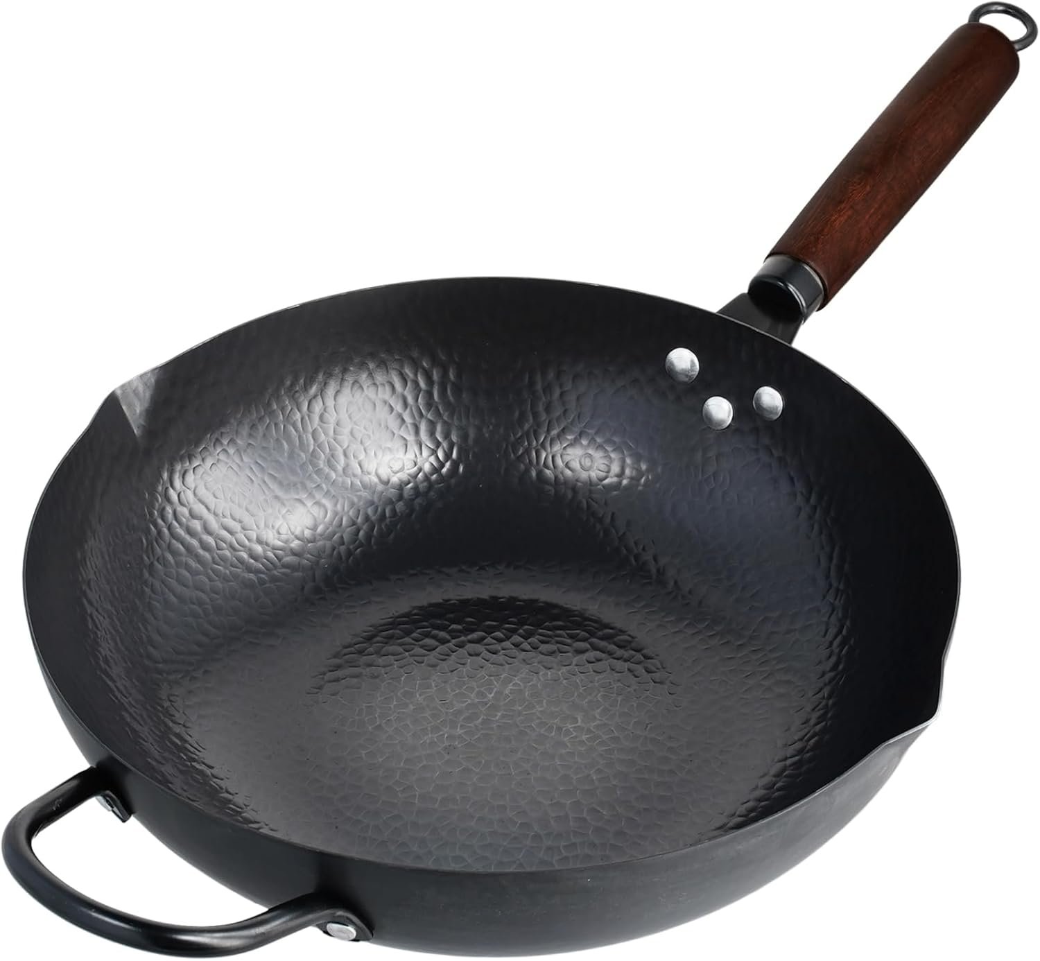 Carbon Steel Wok Pan with Double Spouts, Woks & Stir-Fry Pans Nonstick with Wooden and Steel Helper Handle 11.8 Inches(Flat Bottom)
