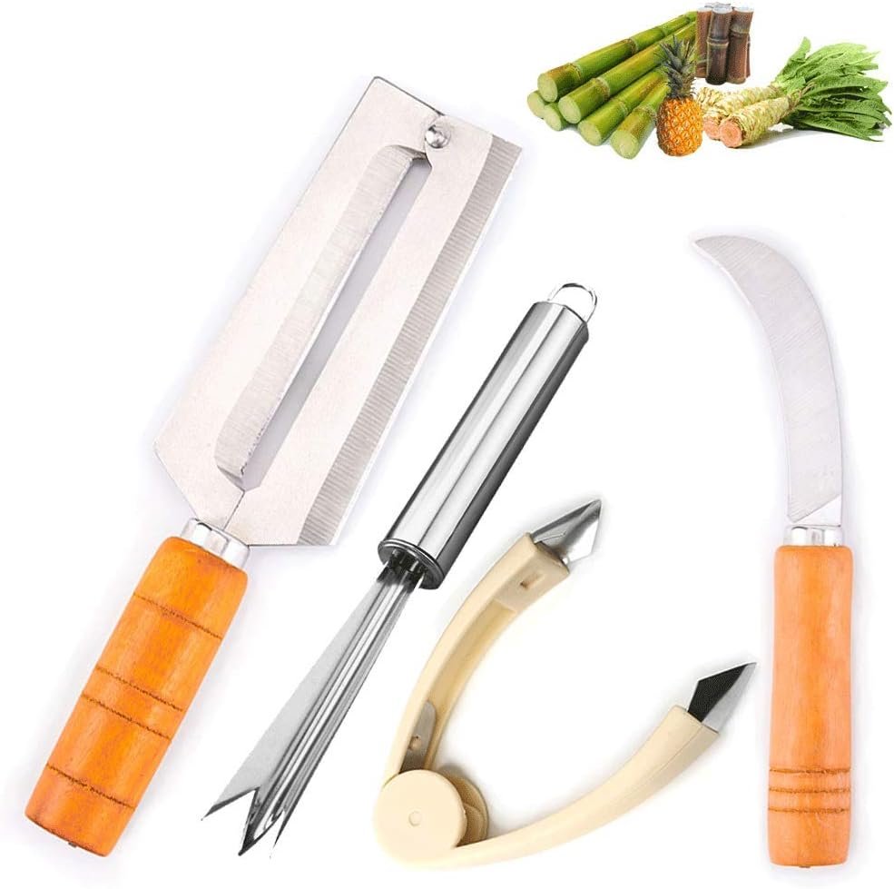 Four-piece suit Sugar Cane Peeler Knife Sugarcane Peeling Kinves Pineapple Peeling Knife Artifact Planing Knife-Stainless Steel-Natural Non-slip Wooden Handle-pineapple eye removers