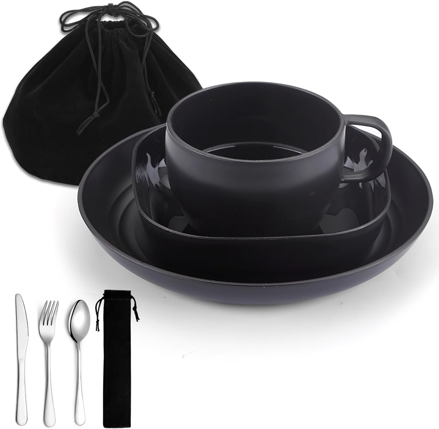 Camping Utensils, Camping Plates and Bowls Set with Coffee Mug, Travel Cutlery Include Spoon, Fork, Knife for Home, Poolside, Outdoor, Picnic, Camp