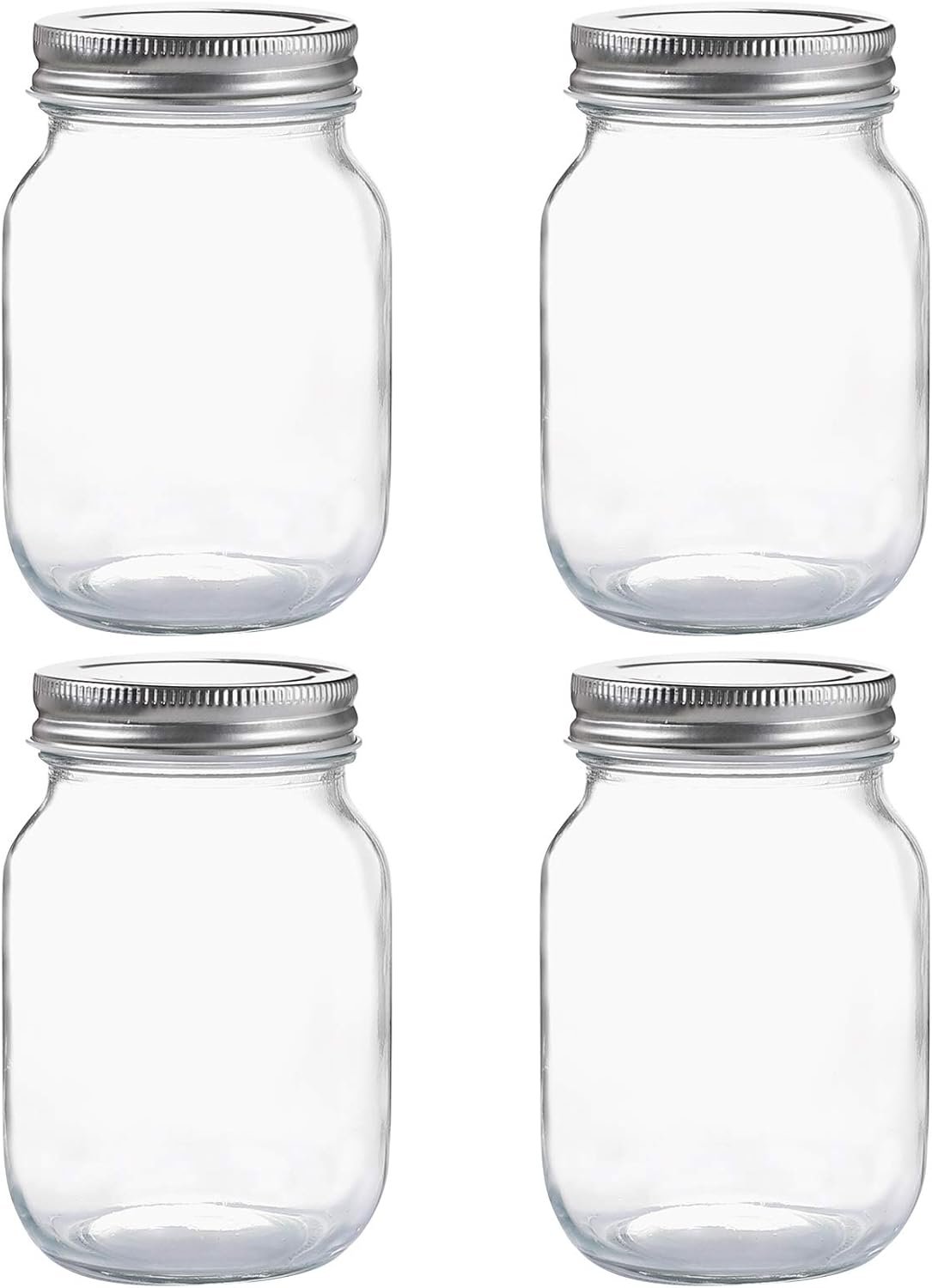 Glass Regular Mouth Mason Jars, 16 oz Clear Glass Jars with Silver Metal Lids for Sealing, Canning Jars for Food Storage, Overnight Oats, Dry Food, Snacks, Candies, DIY Projects (4PACK)