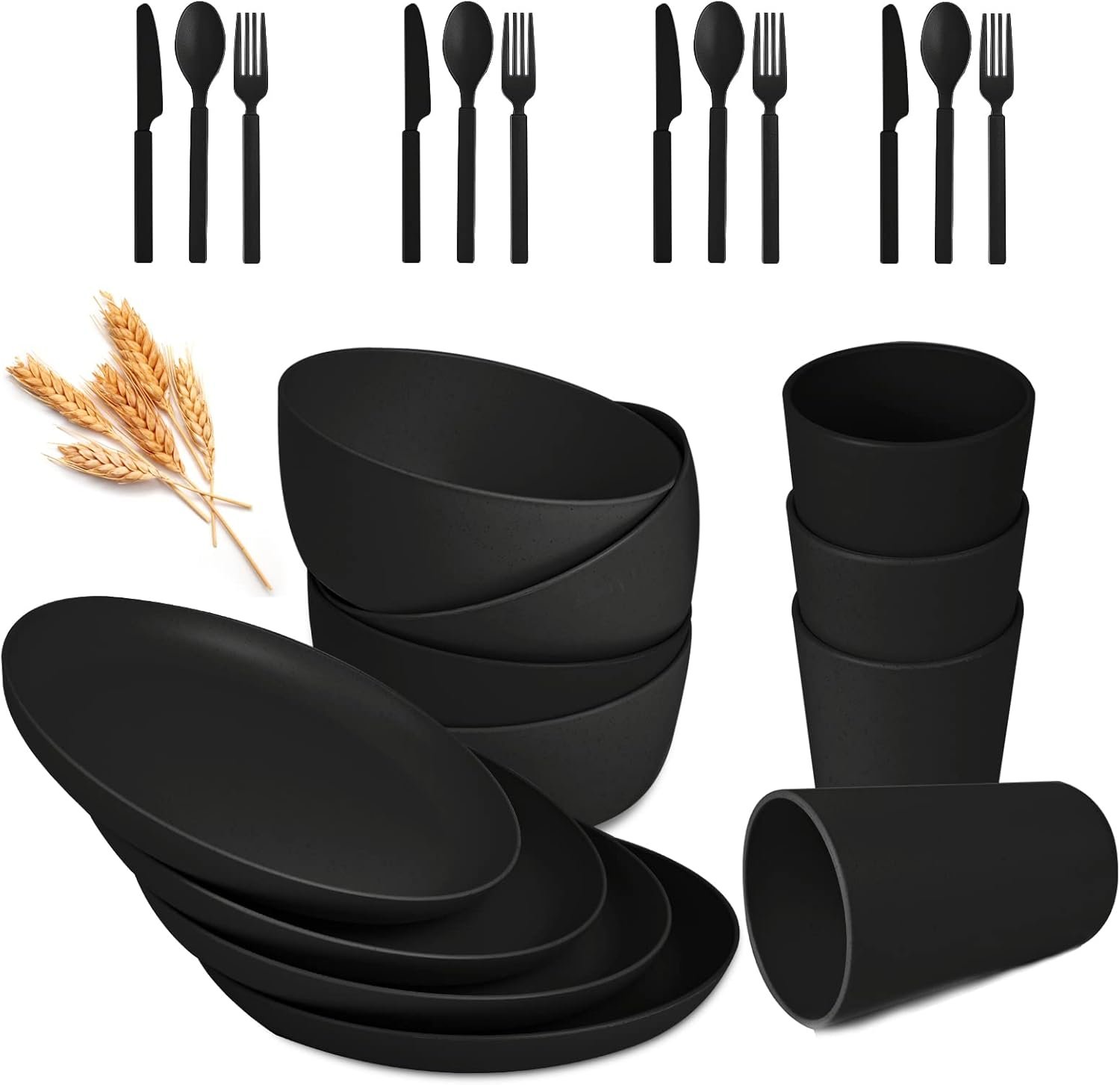 Wheat Straw Dinnerware Sets - 24 pcs Lightweight Unbreakable Dishwasher Microwave Safe Cups Cutlery Plates and Bowls Set for 4 Suitable for Camping Party Grill(Black)