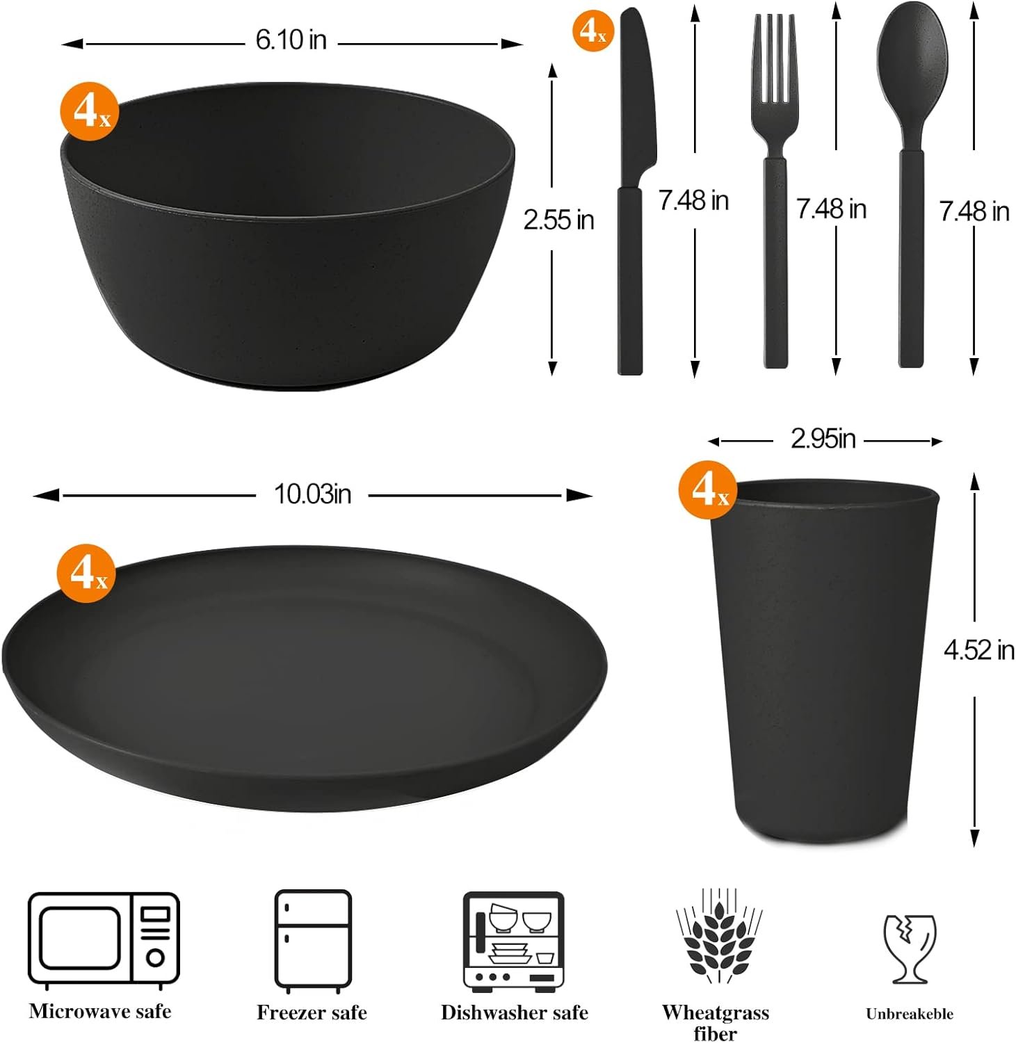 Wheat Straw Dinnerware Sets - 24 pcs Lightweight Unbreakable Dishwasher Microwave Safe Cups Cutlery Plates and Bowls Set for 4 Suitable for Camping Party Grill(Black) - Image 2