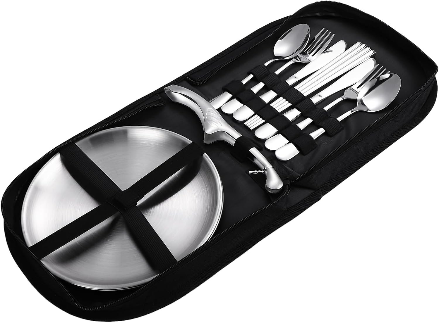 Stainless Steel Outdoor Camping Mess Kits - Includes Forks, Spoons, Knives, Chopsticks, Food Clip, Plates - Portable Cutlery Bag - Image 2