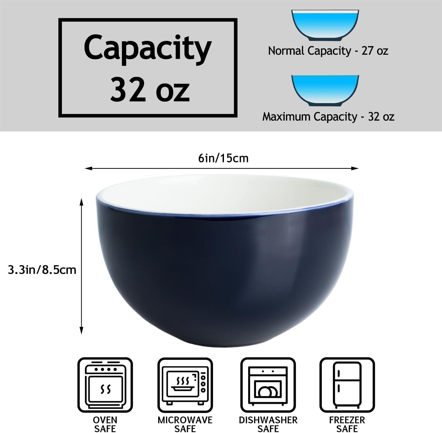 32 Ceramic Cereal Bowls - 6 Inch Blue Soup Bowls Set of 4 for Kitchen, Small Bowls for Cereal, Soup, Oatmeal, Rice, Dishwasher & Microwave Safe(Blue) - Image 2