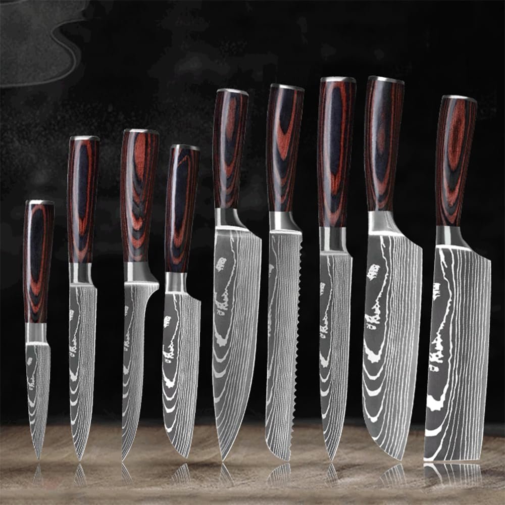 Knife Set 9 piece With Knife Storage Box Kitchen Knife Set Stainless Steels Premium Chef Knife with Black Lacquered Wood Handle and Kitchen Knife Set Dishwasher Safe