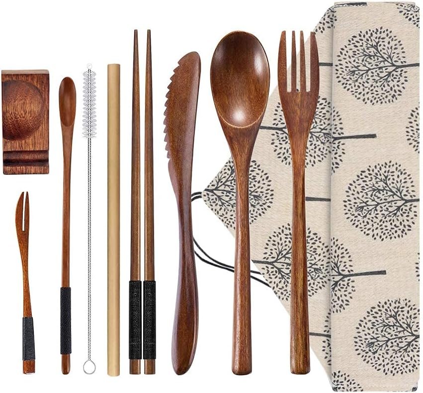 Wooden Utensil Flatware Set Reusable Utensils Travel Cutlery Set for Eating with Case, 10 Pcs Wooden Spoon and Fork Set Bamboo Flatware Set with Wooden Knife, Fork, Spoon, Chopsticks, Straws and Brush