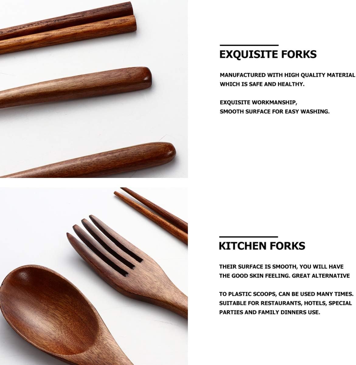 6 Pcs Wooden Flatware Tableware Cutlery Set Travel Utensils Wooden Fork Spoon Chopsticks Reusable Flatware Utensils for Kitchen Dinning Table - Image 2
