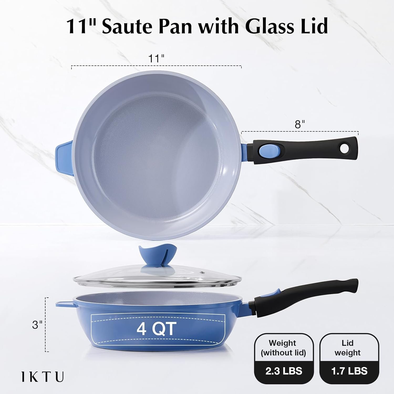 Ceramic Nonstick Deep Frying Pan, 11Inch Nonstick 4Qt Saute Pan with Helper Handle and Lid, Large Skillet Pan Induction Cookware with Detachable Handle, PFAS PFOA & PTFE Free - Image 2
