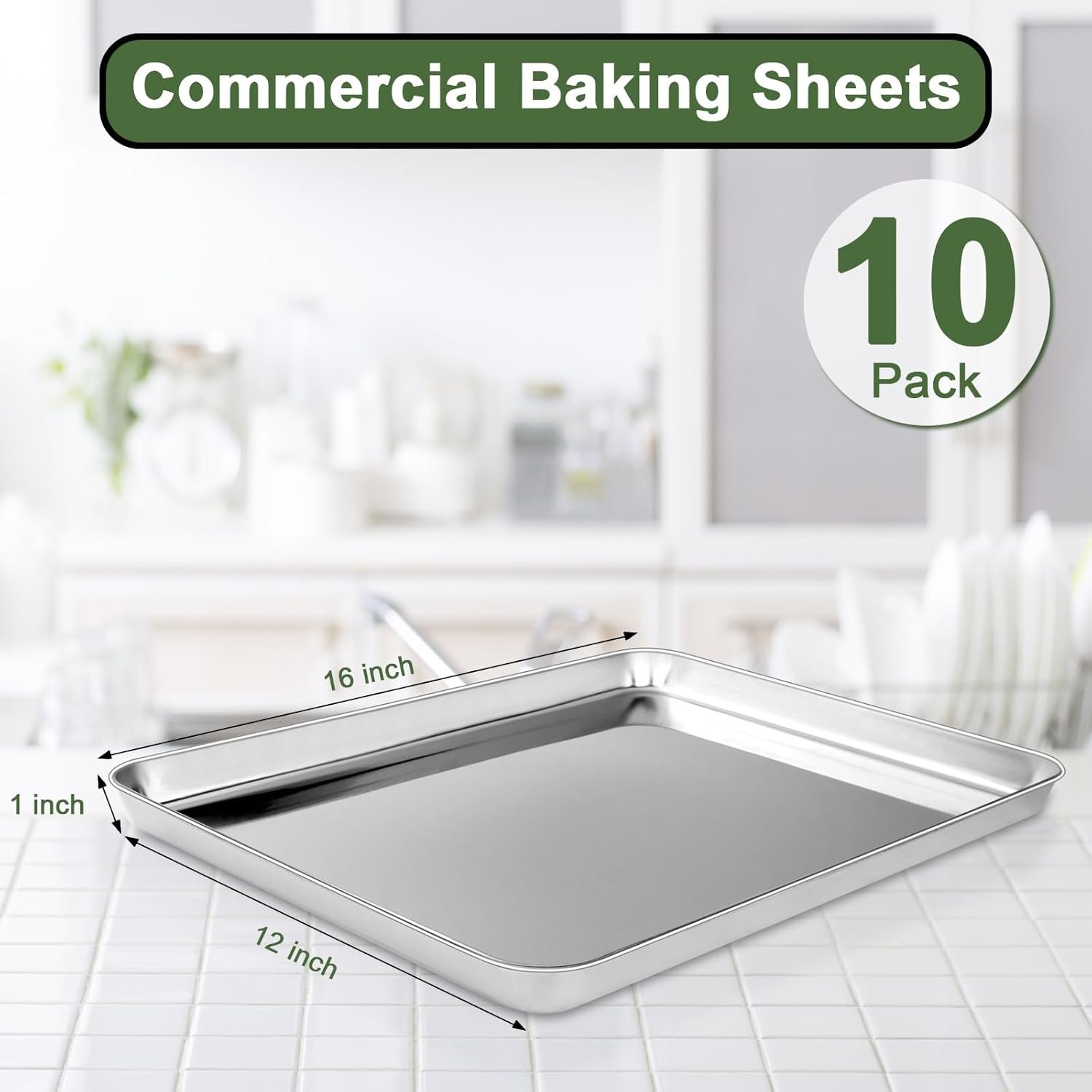 Baking Sheet Tray Set of 10, Stainless Steel Baking Pan Cookie Pan Sheet, Size 16 x 12 x 1 inch, Warp Resistant & Heavy Duty & Rust Free - Image 2