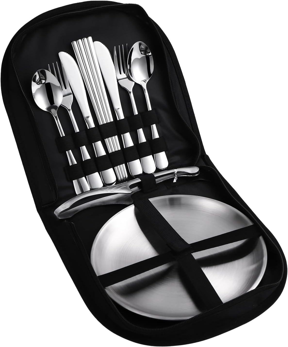 Stainless Steel Outdoor Camping Mess Kits - Includes Forks, Spoons, Knives, Chopsticks, Food Clip, Plates - Portable Cutlery Bag