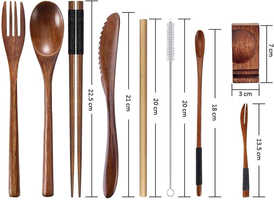 Wooden Utensil Flatware Set Reusable Utensils Travel Cutlery Set for Eating with Case, 10 Pcs Wooden Spoon and Fork Set Bamboo Flatware Set with Wooden Knife, Fork, Spoon, Chopsticks, Straws and Brush - Image 2
