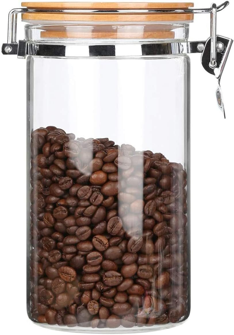 Clear Borosilicate Glass Food Storage Jar Canister Container with Airtight Locking Clamp Bamboo Lid,Coffee Bean,Loose Tea,Nut Container,Sealed Jar Hinged Lid for 16oz Coffee Bean,40 Fluid-oz
