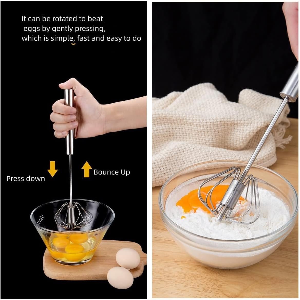 Stainless Steel Egg Whisk, Hand Push Rotary Whisk Blender Versatile Milk Frother Hand Push Mixer Stirrer Make Froth, Foam & Whipped Cream Semi Auto Egg Beater 12in - Image 2