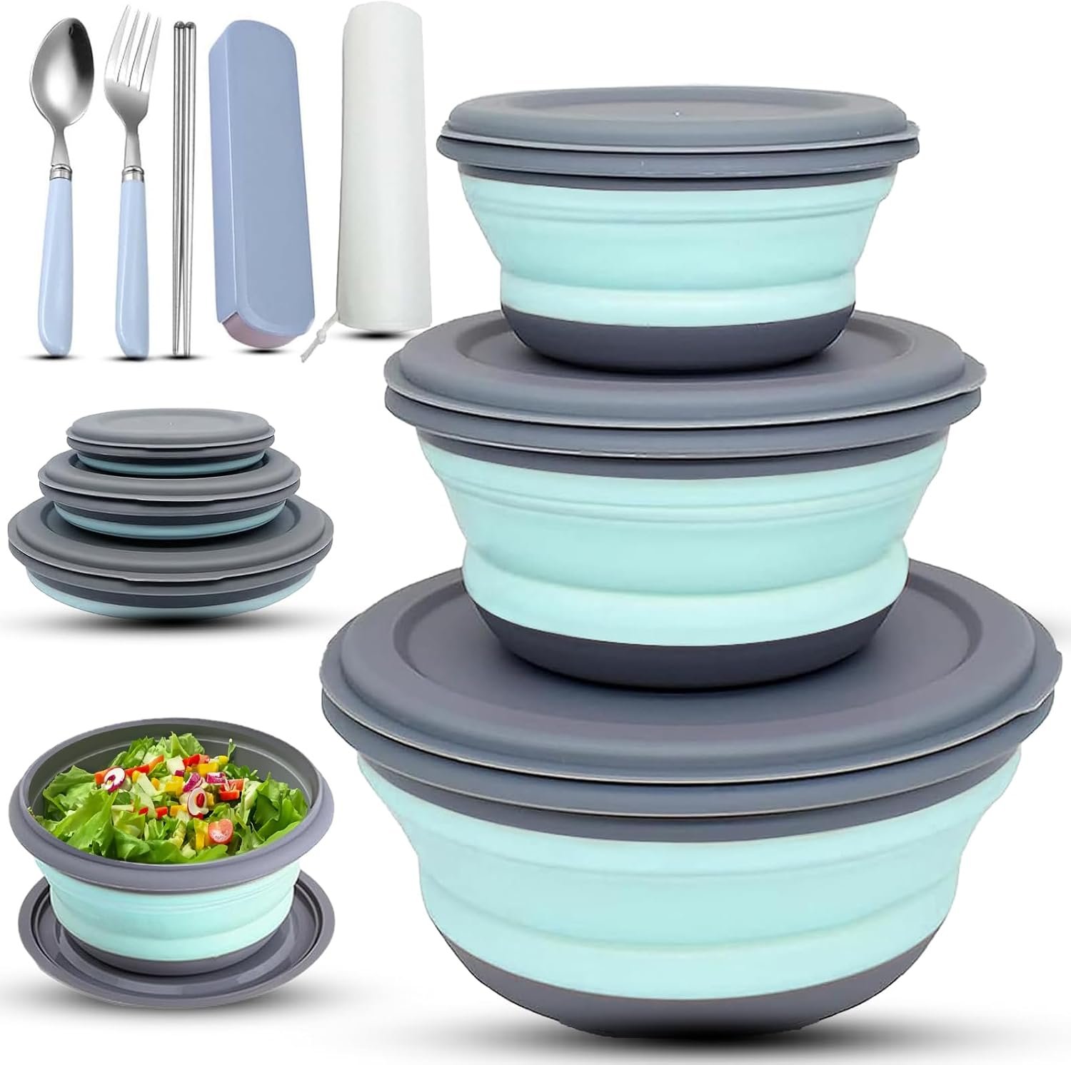 Camping Bowl, 3 PCS Food Grade Silicone Collapsible Bowl Lunch Box Salad Bowl with Lid, Expandable Food Storage Containers Set with Free folding tableware and storage bag (Blue)