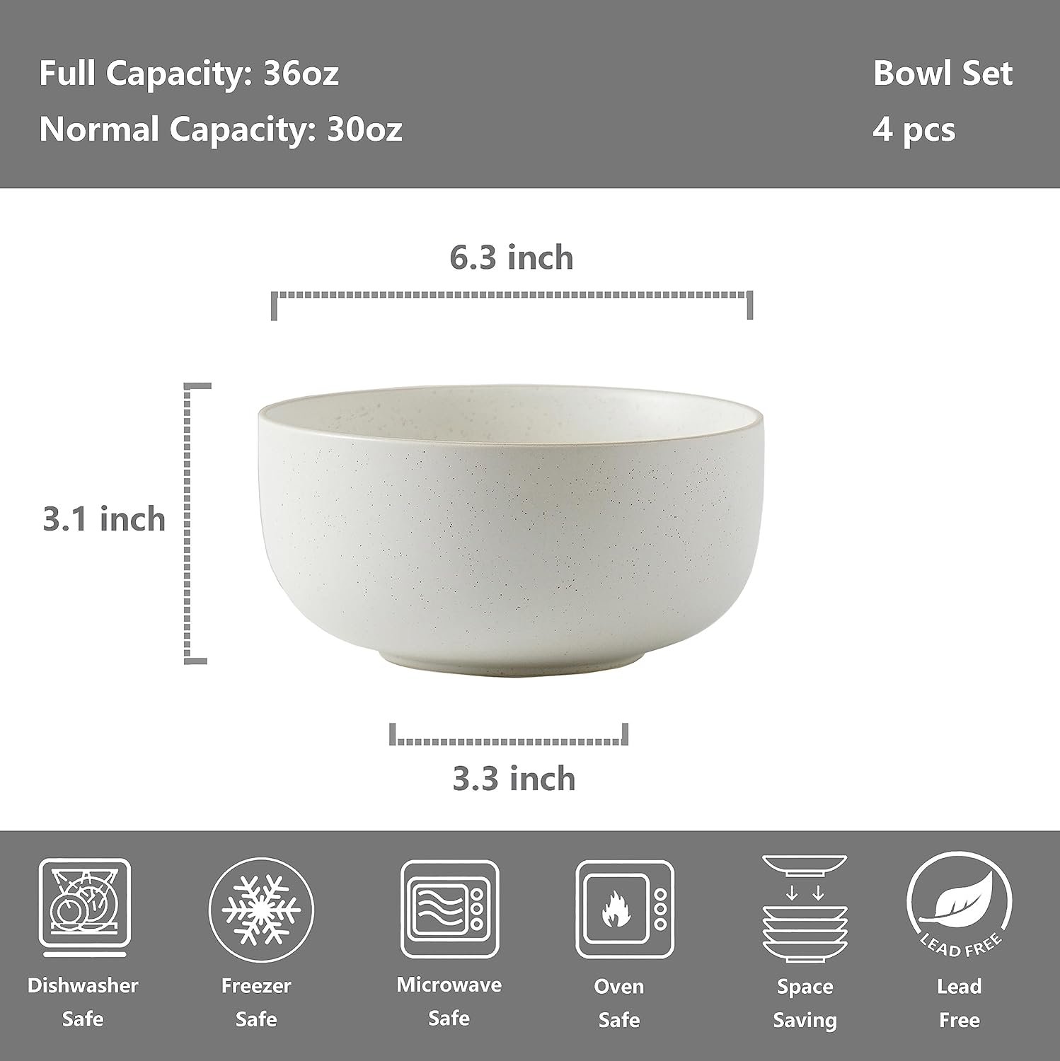 Ceramic Bowls for Kitchen, 36 Ounce, Large Capacity Cereal Bowls Set of 4, For Soup, Oatmeal, Breakfast, Microwave and Dishwasher Safe, Glazed Matte Off White… - Image 2