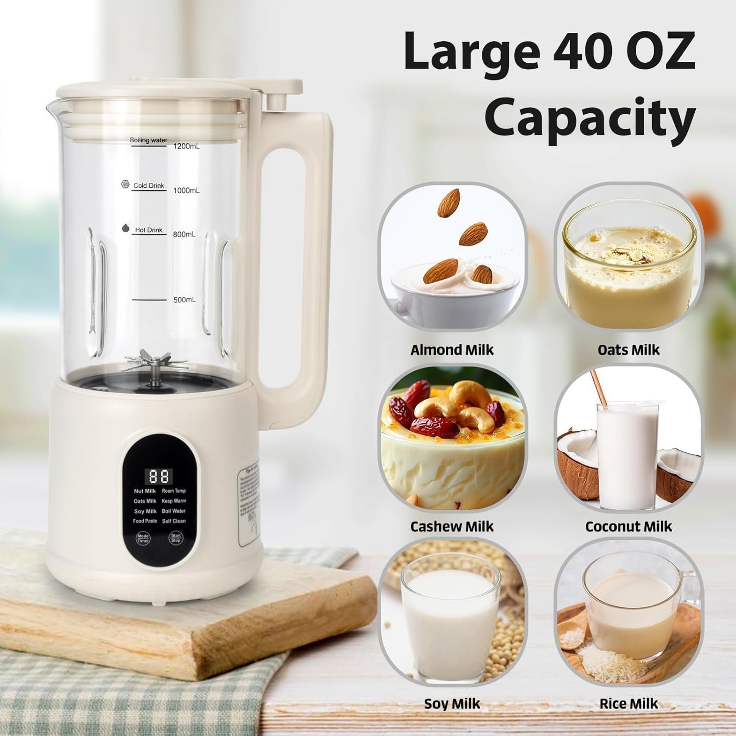 Nut Milk Maker, 8 in 1 Homemade Automatic Plant-Based Milk, Soy Milk, Almond Milk, Oat Milk, Coconut Milk & More, Multifunctional/12 Hours Timer/Auto-Clean/Room Temp/Keep Warm/Boil/Room Temp/Low-Noise - Image 2