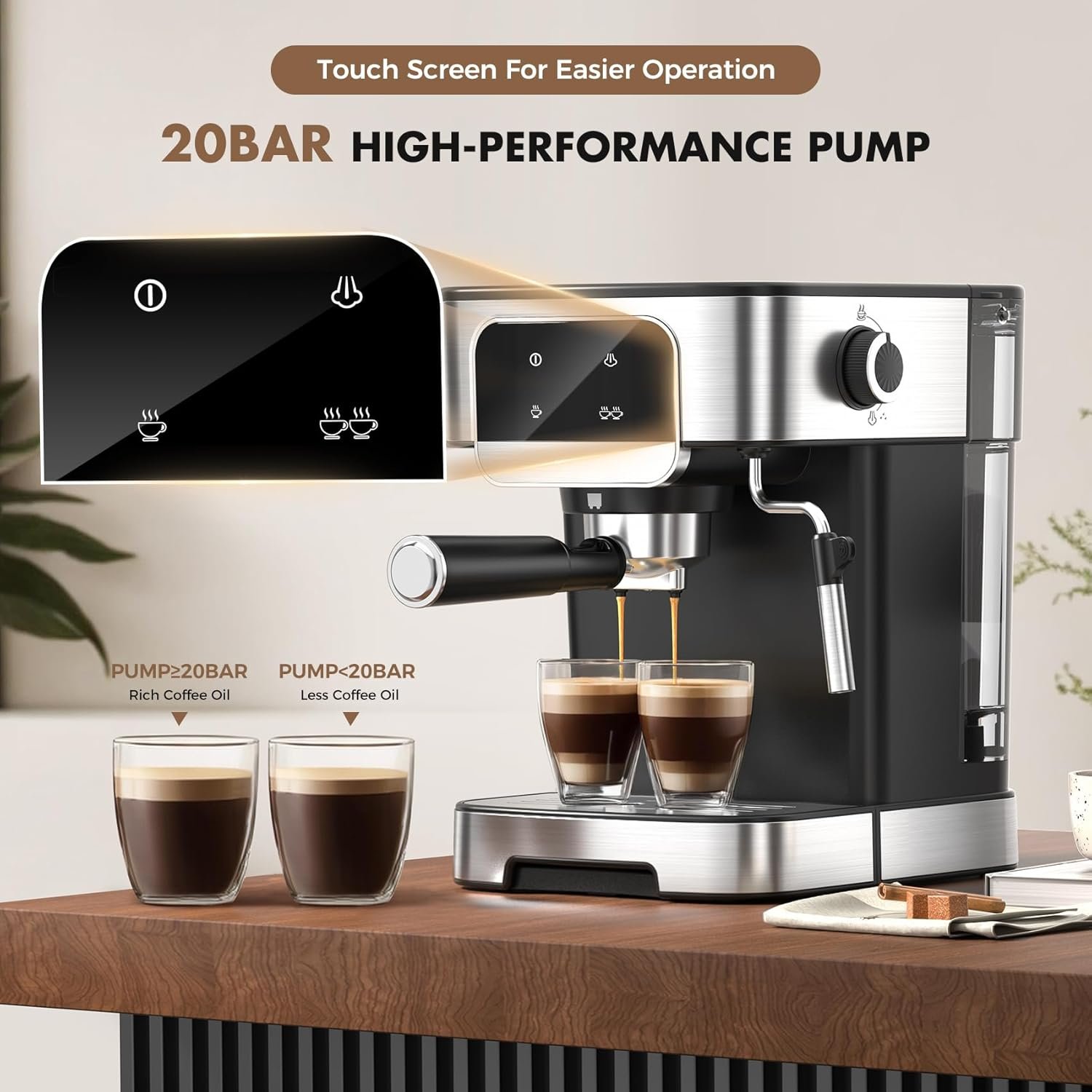 Espresso Machine 20 Bar, Professional Espresso Maker With Auto Milk Frother, Home Compact Espresso Coffee Machine With Led Touch Screen, 61OZ Removable Water Tank For Latte, Cappuccino - Image 2