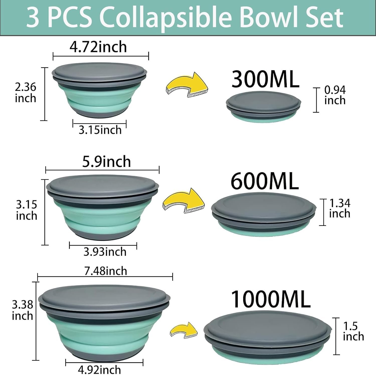 Camping Bowl, 3 PCS Food Grade Silicone Collapsible Bowl Lunch Box Salad Bowl with Lid, Expandable Food Storage Containers Set with Free folding tableware and storage bag (Blue) - Image 2