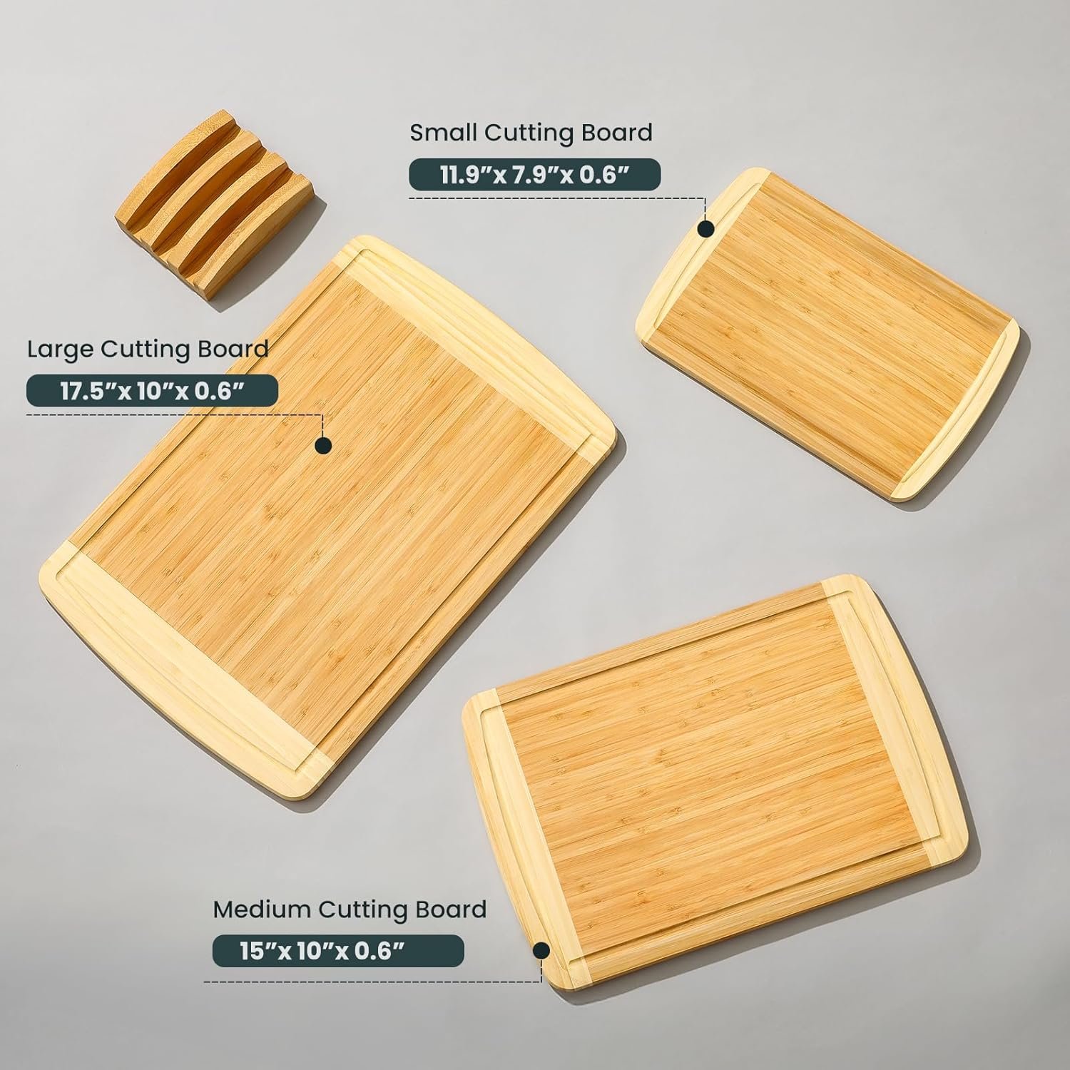 3-Piece Extra Large Wooden Cutting Boards For Kitchen, Bamboo Cutting Board with Holder, Wood Cutting Board Set, Heavy Duty Chopping Board for Meat, Serving Tray Set- Two Tone - Image 2
