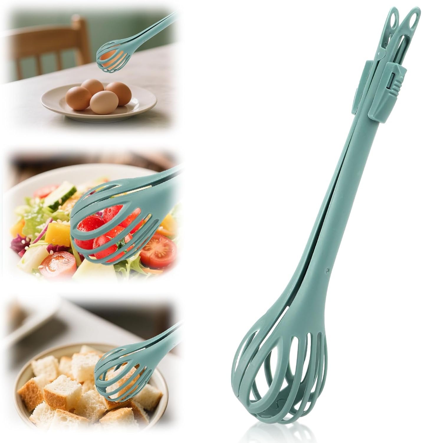 2 in 1 Food Clip & Egg Whisk, Multifunctional Egg Beater Manual Mixer and Serrated Tongs Practical Kitchen Gadget Tool for Gripping Stirring Mixing Ideal for Bread Pasta Salad (Green)