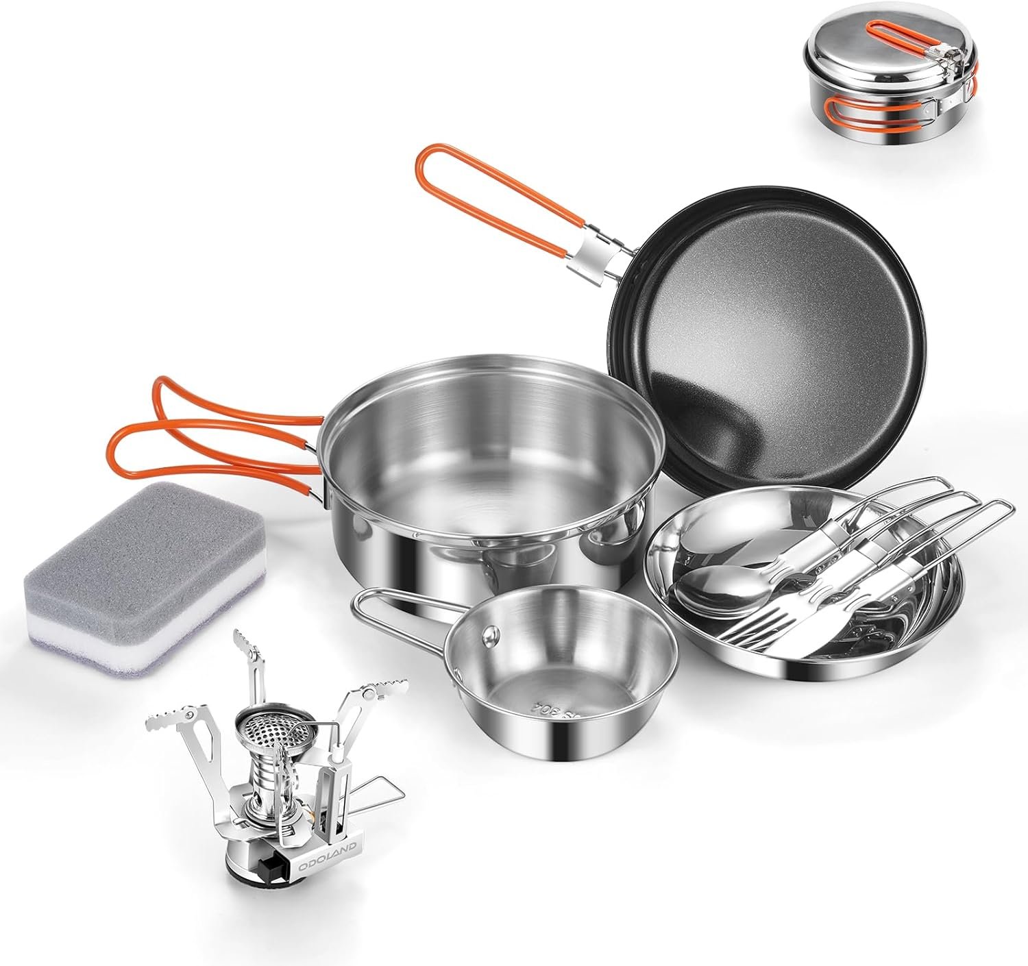 10pcs Stainless Steel Camping Cookware Camping Pot and Pan Set with Portable Camping Stove Camping Mess Kit with Plates Bowls Forks Knives Spoons for Hiking Backpacking and Picnic