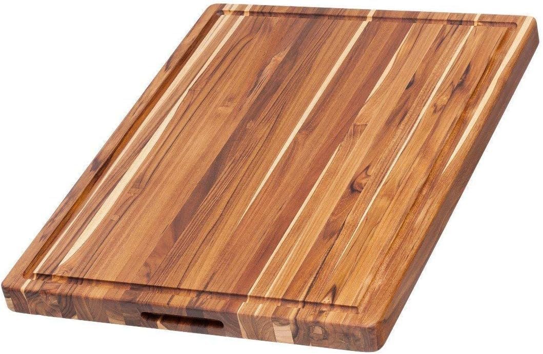 Carving Board - Large (L) Wood Cutting Board with Juice Groove and Grip Handles - Reversible Teak Edge Grain Wood - Knife Friendly - FSC Certified