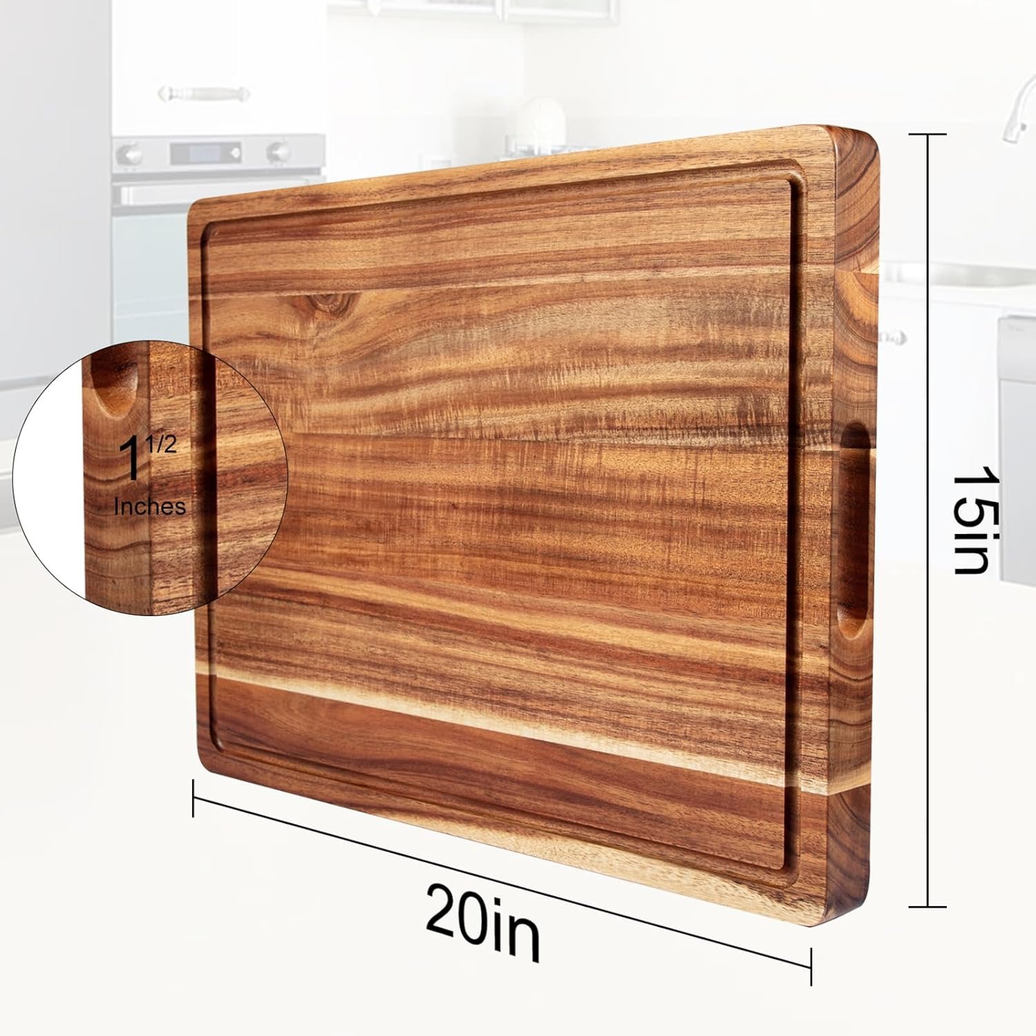 20 Inch Large Acacia Wood Cutting Board 1.5" Thick, Reversible Wooden Cutting Board for Kitchen, Charcuterie Board Cheese Board with Deep Groove, Chopping Board for Meat, Vegetables, Fruit - Image 2