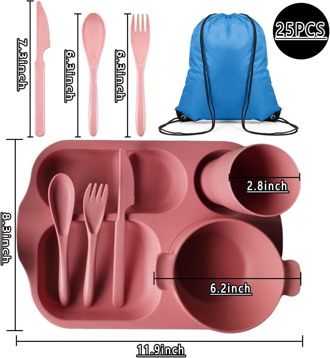 25 Pcs Wheat Straw Dinnerware Sets BPA Free Lightweight Bowl Reusable Dinner Plates Microwave Dishwasher Safe Cup Portable Spoon Knife Fork Dinnerware for Kids Aldult Home School Office Picnic Travel - Image 2