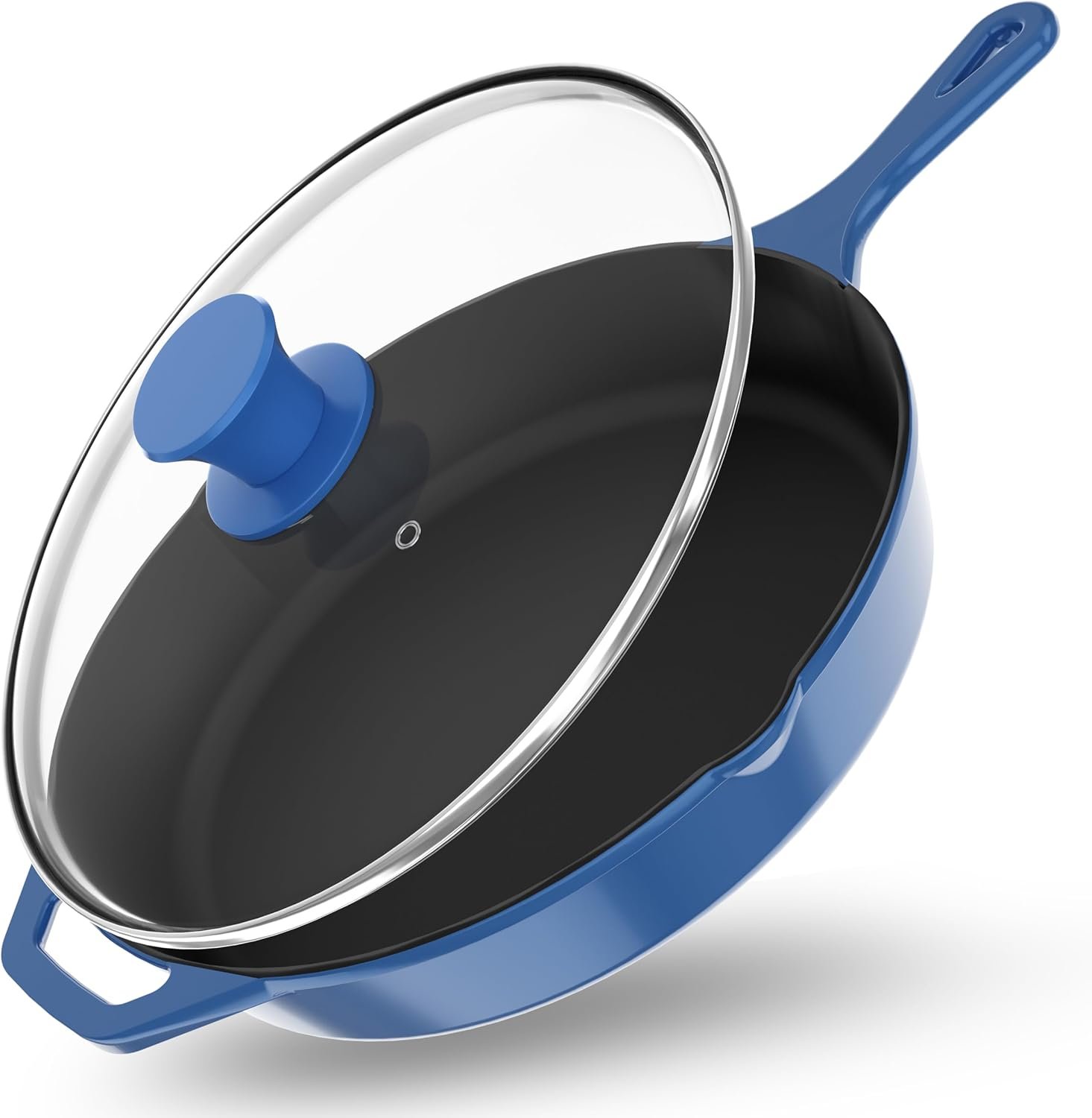 12 inch Saute Fry Pan Pre-Seasoned Cast Iron Skillet With Lid, Frying Pan, Cast Iron Pan, Safe Grill Cookware for Indoor & Outdoor Use - Cooking Gift for Men & Women (Blue)