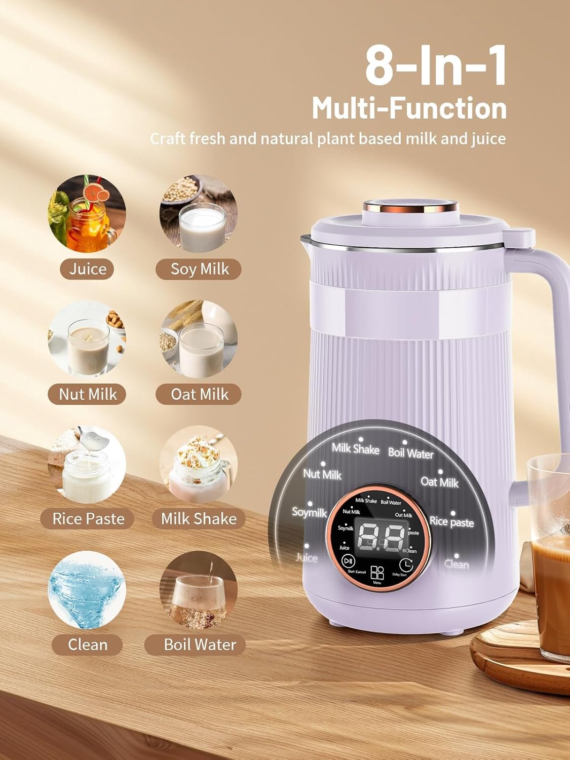 8 in 1 Automatic Nut Milk Maker,35oz Homemade Almond, Oat, Coconut, Plant Based Milks and Non Dairy Beverages, Soy Milk Machine with 10 Blades, 12 Hours Timer/Self-clean/Keep Warm/Boil Water - Image 2