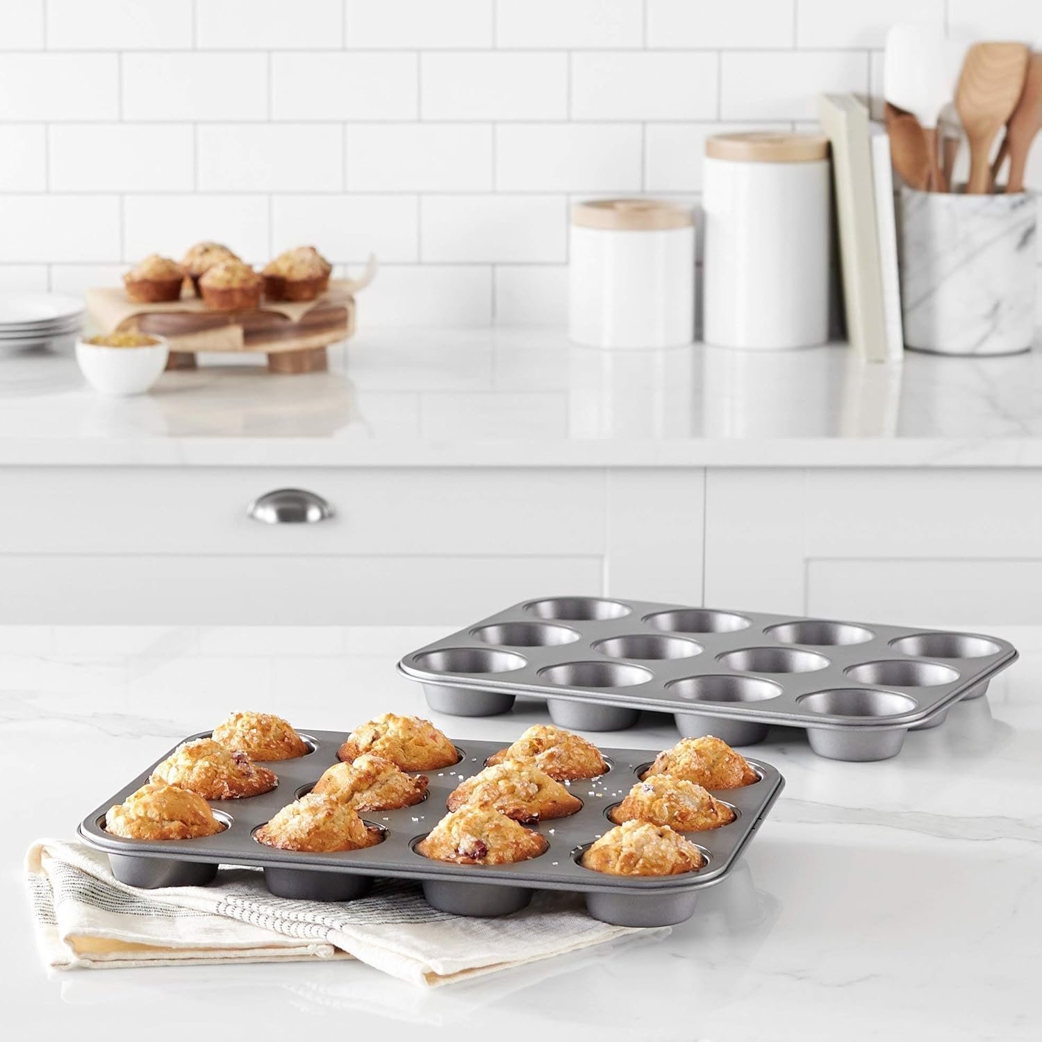 Nonstick Round Muffin Baking Pan, 12 Cups, Set of 2, Gray, 13.9x10.55x1.22" - Image 2