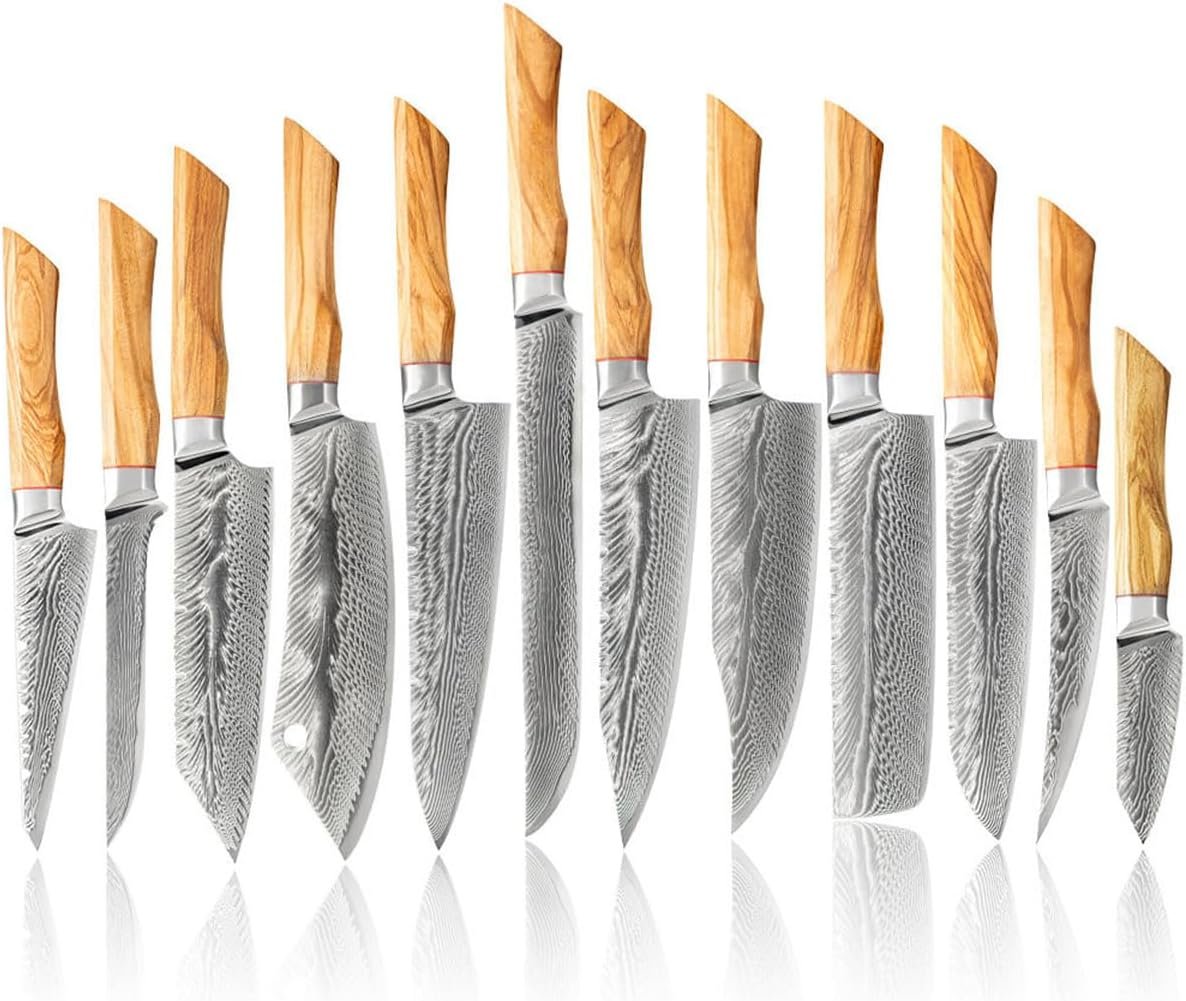 Olive Wood Handle Knife Set 12 Piece Steel Set Sharp Kitchen Knife Set,Beautiful Feather Pattern and Ergonomic Olive Wood Handle,Suitable for Home Kitchen,Restaurant,Gift,Hotel,Outdoor