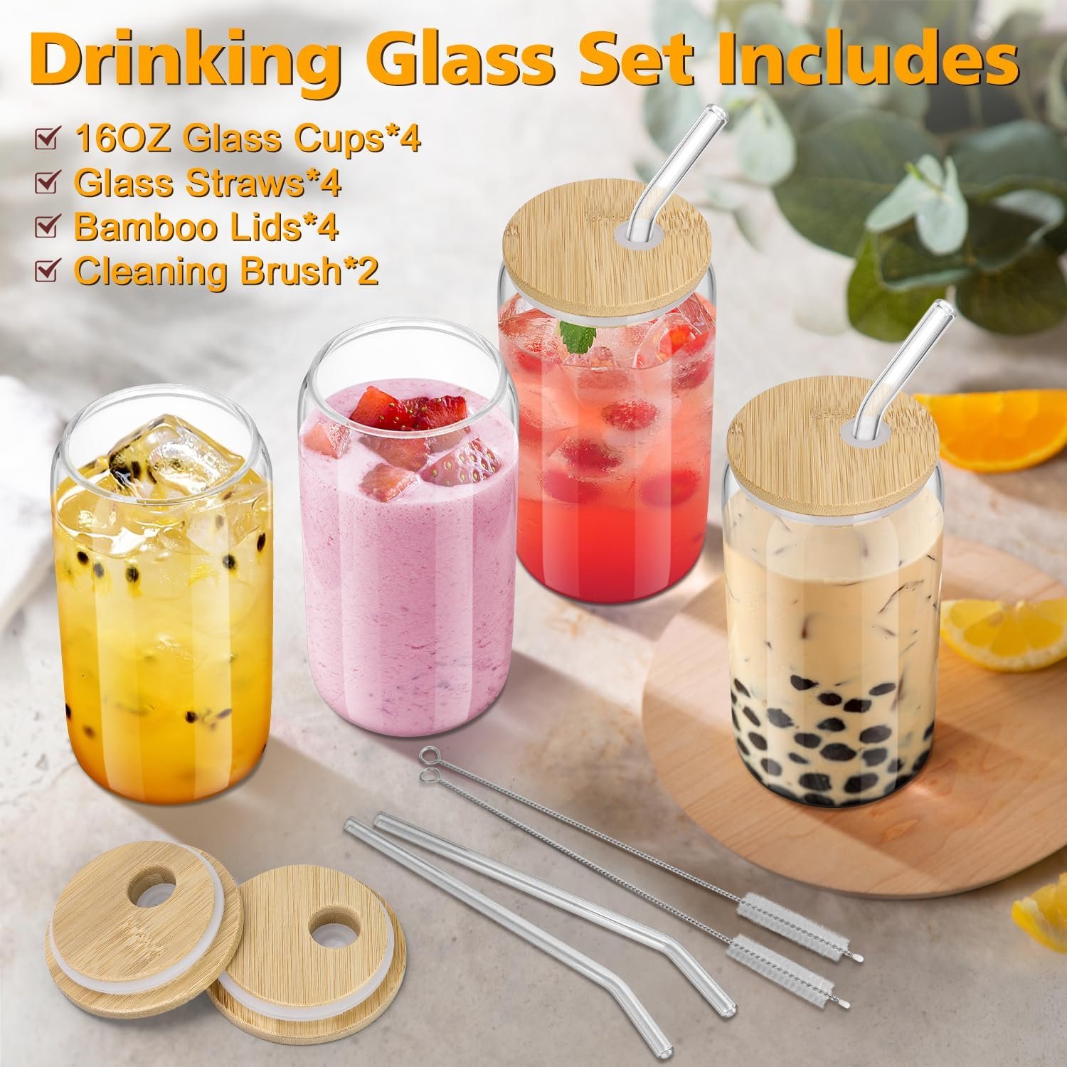 4PCS Glass Cups with Bamboo Lids and Straws, 16OZ Ice Coffee Cup, Drinking Cup set with Wooden Lids, Home Essential Glass Tumblers for Beer, Cocktail, Tea and Latte Clear - Image 2
