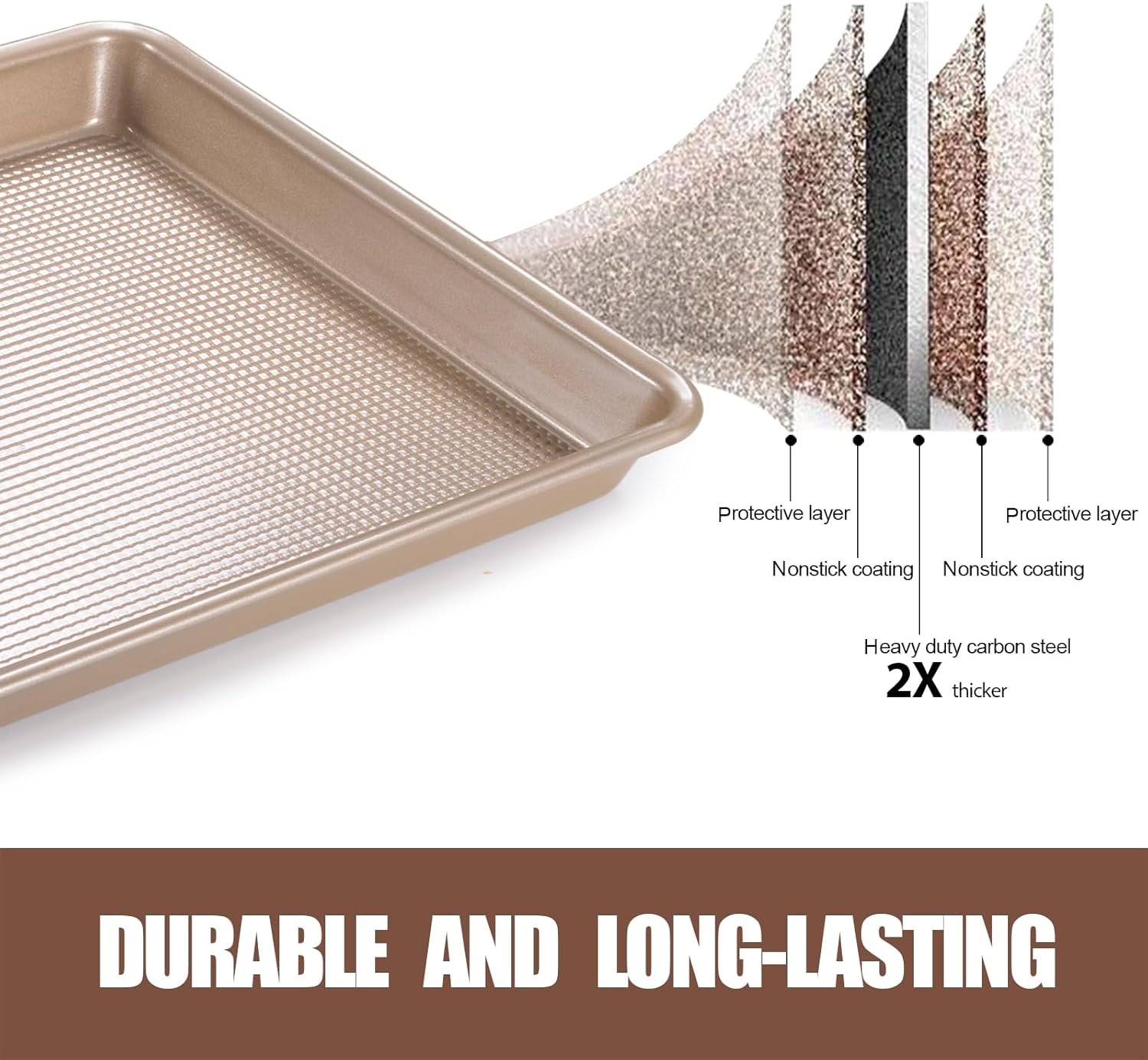 Sheet Pans Cookie Sheet Set,Nonstick Baking Sheets for Oven,9x13 Quarter Sheet Pan,2 Pack,Gold - Image 2