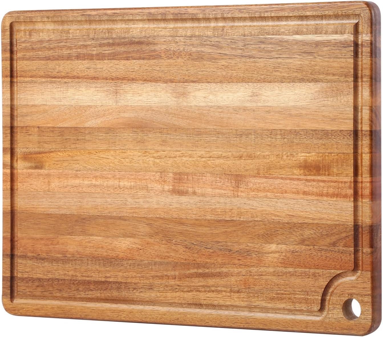 Large Acacia Wood Cutting Board for Kitchen - Better Chopping Board with Juice Groove & Handle Hole for Meat (Butcher Block) Vegetables and Cheese, 18 x 12 Inch