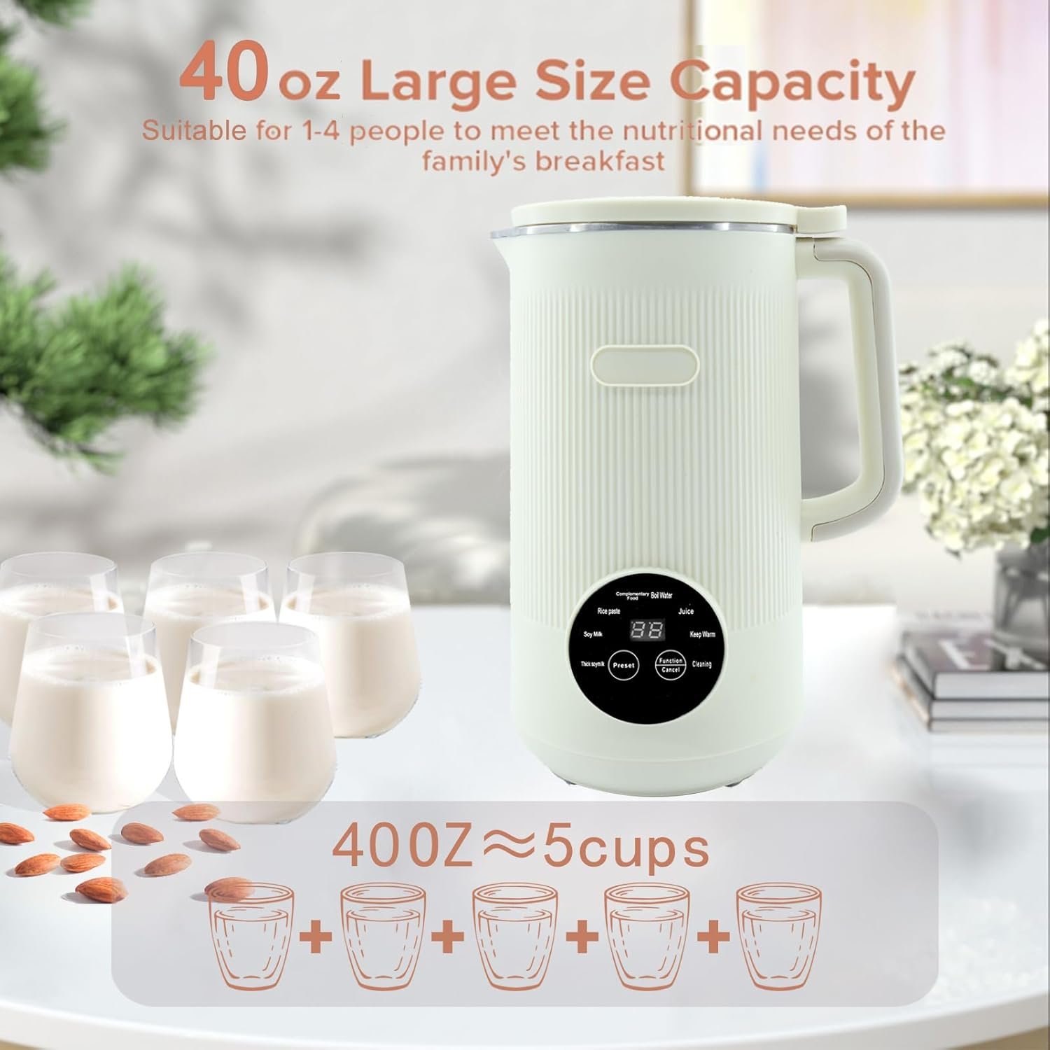 8-in-1 Automatic Soy Nut Milk Maker,40oz Soy Milk Maker for Homemade Almond,Oat,Soy Milk,Rice Paste,Complementary Food,Juice,Milk Maker Machine with Delay Start/Keep Warm/Self Clean/Boil Water (White) - Image 2
