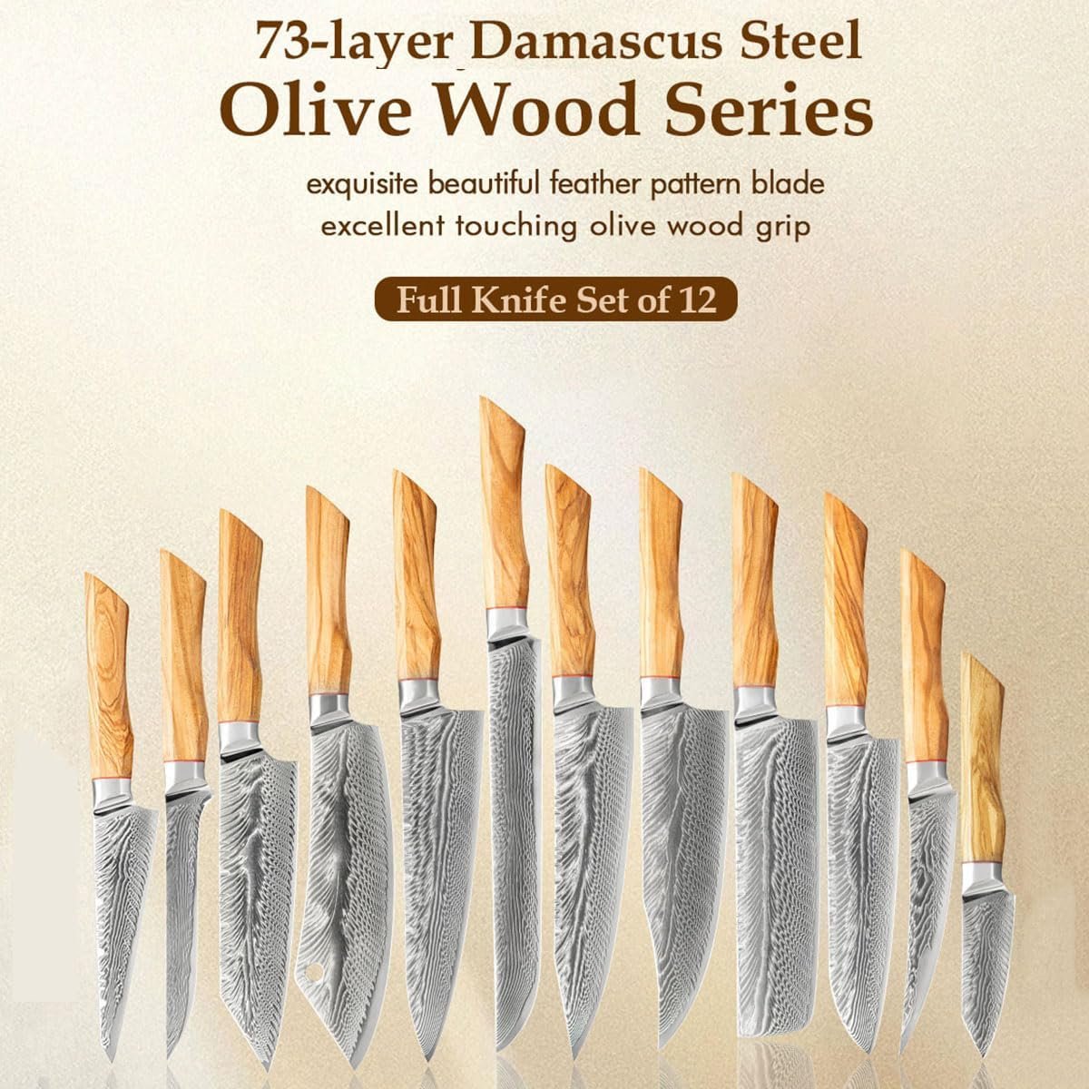 Olive Wood Handle Knife Set 12 Piece Steel Set Sharp Kitchen Knife Set,Beautiful Feather Pattern and Ergonomic Olive Wood Handle,Suitable for Home Kitchen,Restaurant,Gift,Hotel,Outdoor - Image 2