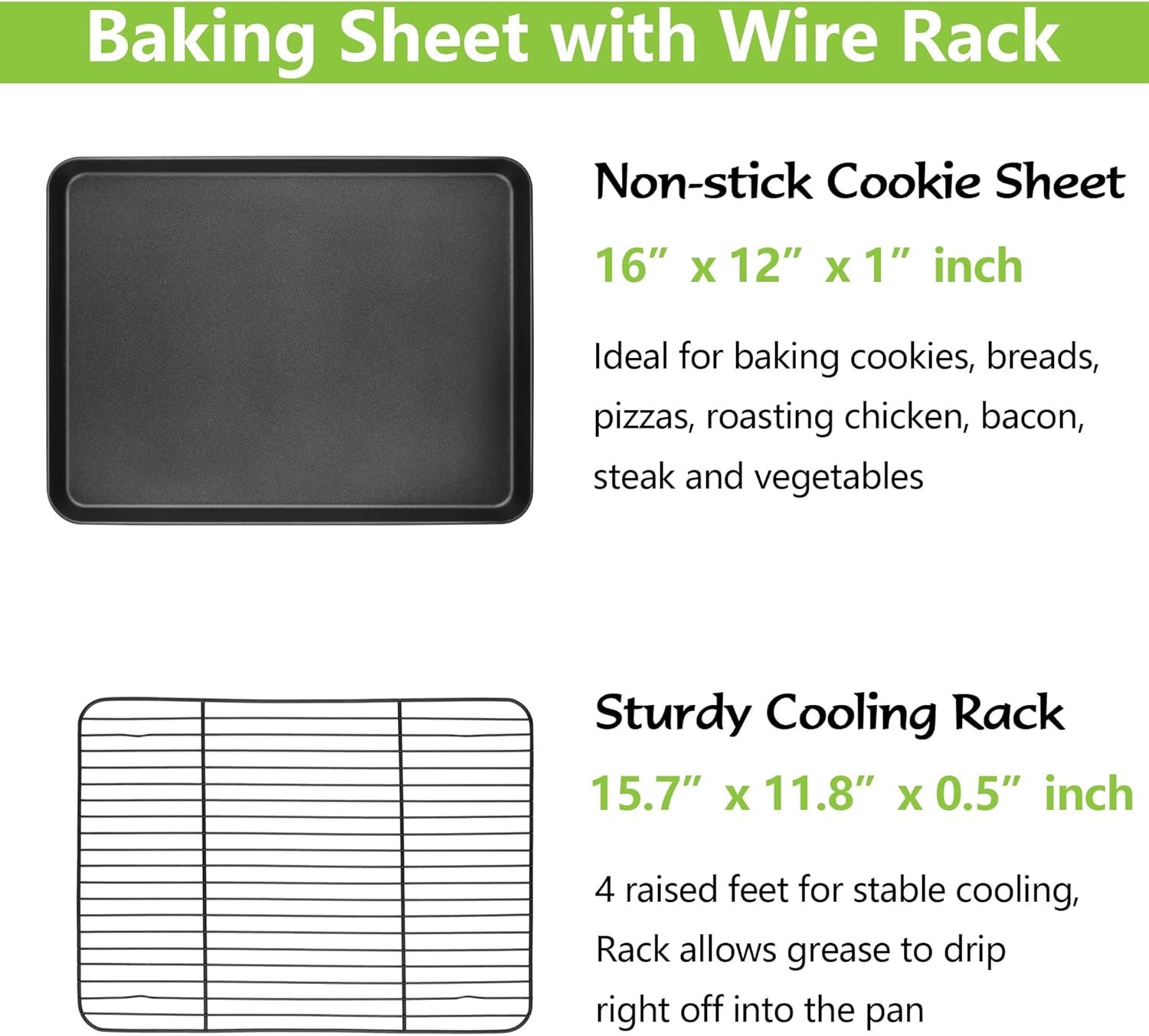 Nonstick Baking Sheet with Rack Set, 16 x 12 x 1 Inch Cookie Sheet Baking Pan with Cooling Rack for Oven, Commercial Grade & Non-Toxic, Easy to Clean - Image 2