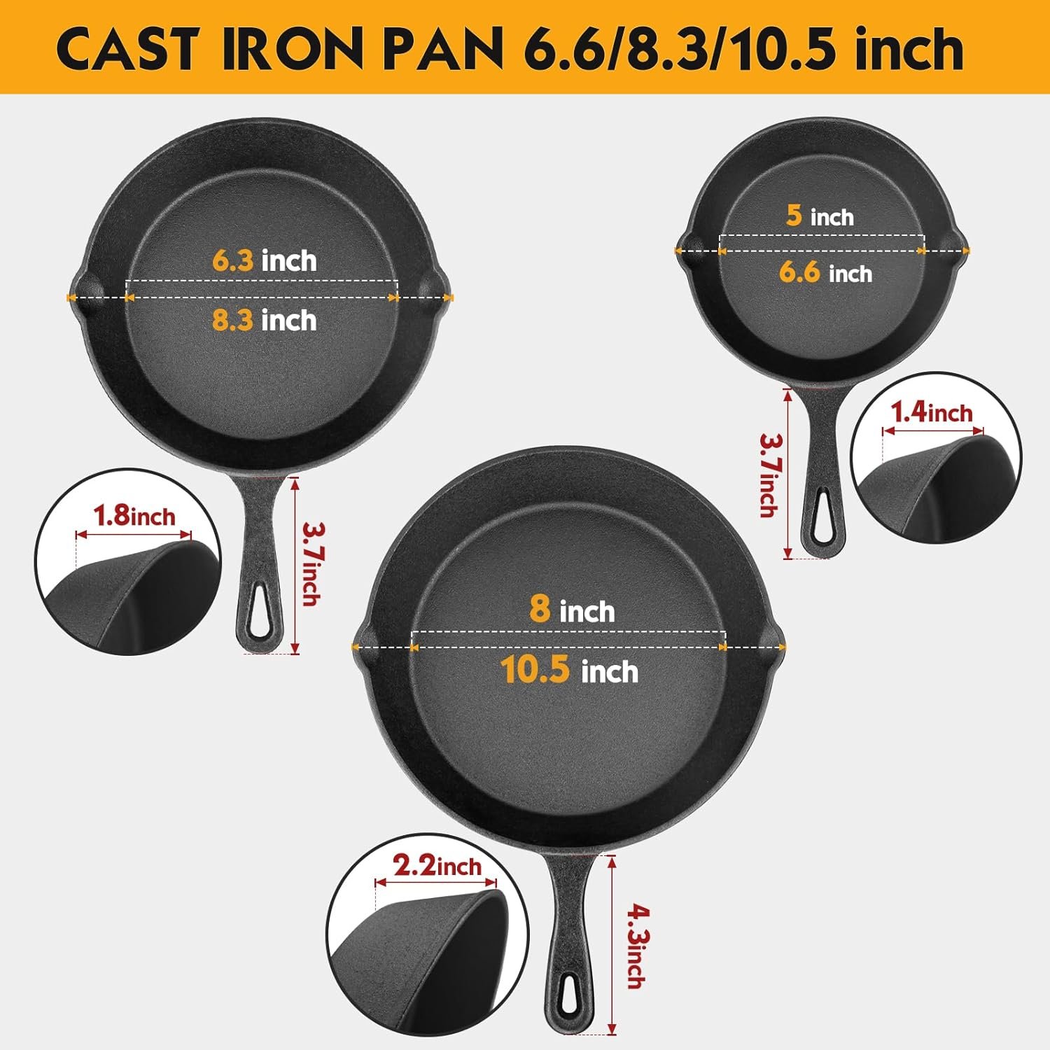 Pre-Seasoned Cast Iron Skillet 3 piece Cast Iron Frying Pan set with Heat-Resistant Handles - 6 inch, 8 inch and 10 inch Cast Iron Set, For Frying, Saute, Pizza, Oven Safe (Black) - Image 2