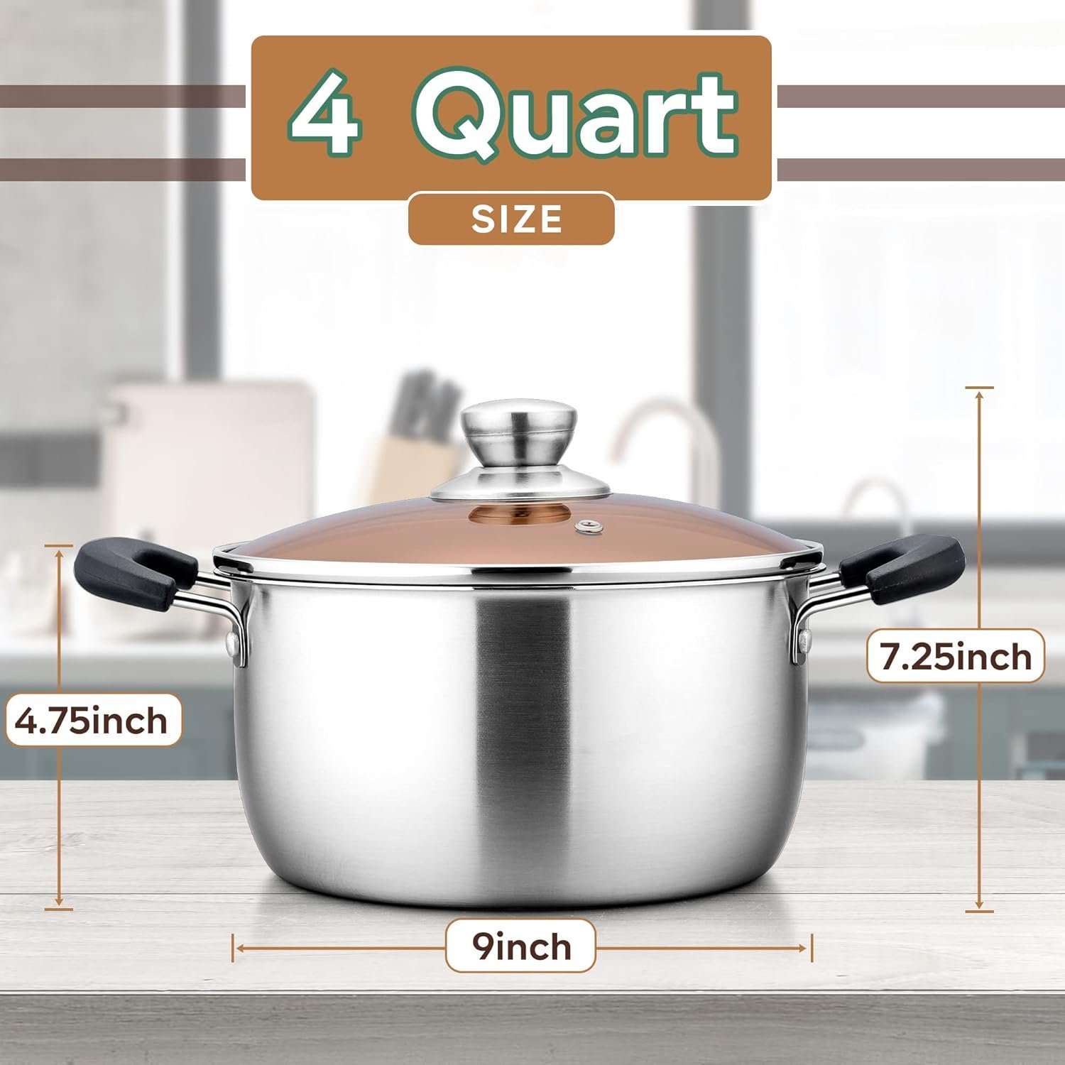 4QT Stock Pot, Stainless Steel Soup Pasta Pot with See-Through Lid, Heavy Duty Stockpot for Strew Simmer Boiling, Heat-proof Handle, Dishwasher Safe - Image 2