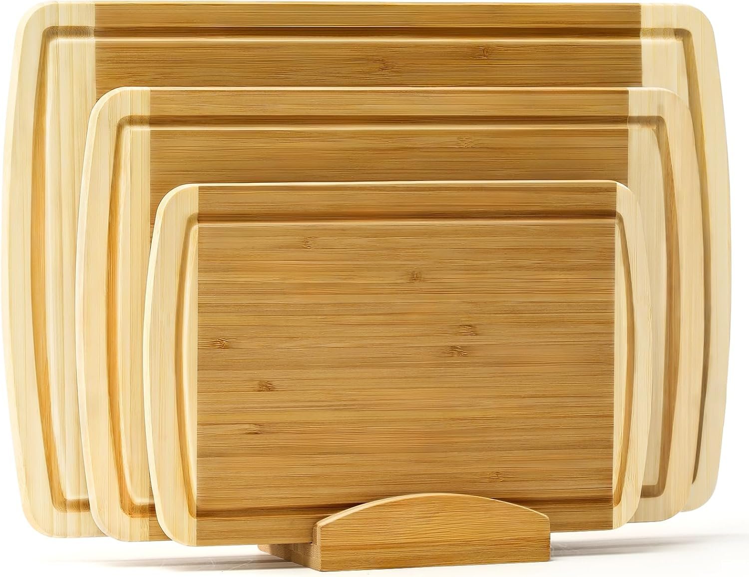 3-Piece Extra Large Wooden Cutting Boards For Kitchen, Bamboo Cutting Board with Holder, Wood Cutting Board Set, Heavy Duty Chopping Board for Meat, Serving Tray Set- Two Tone