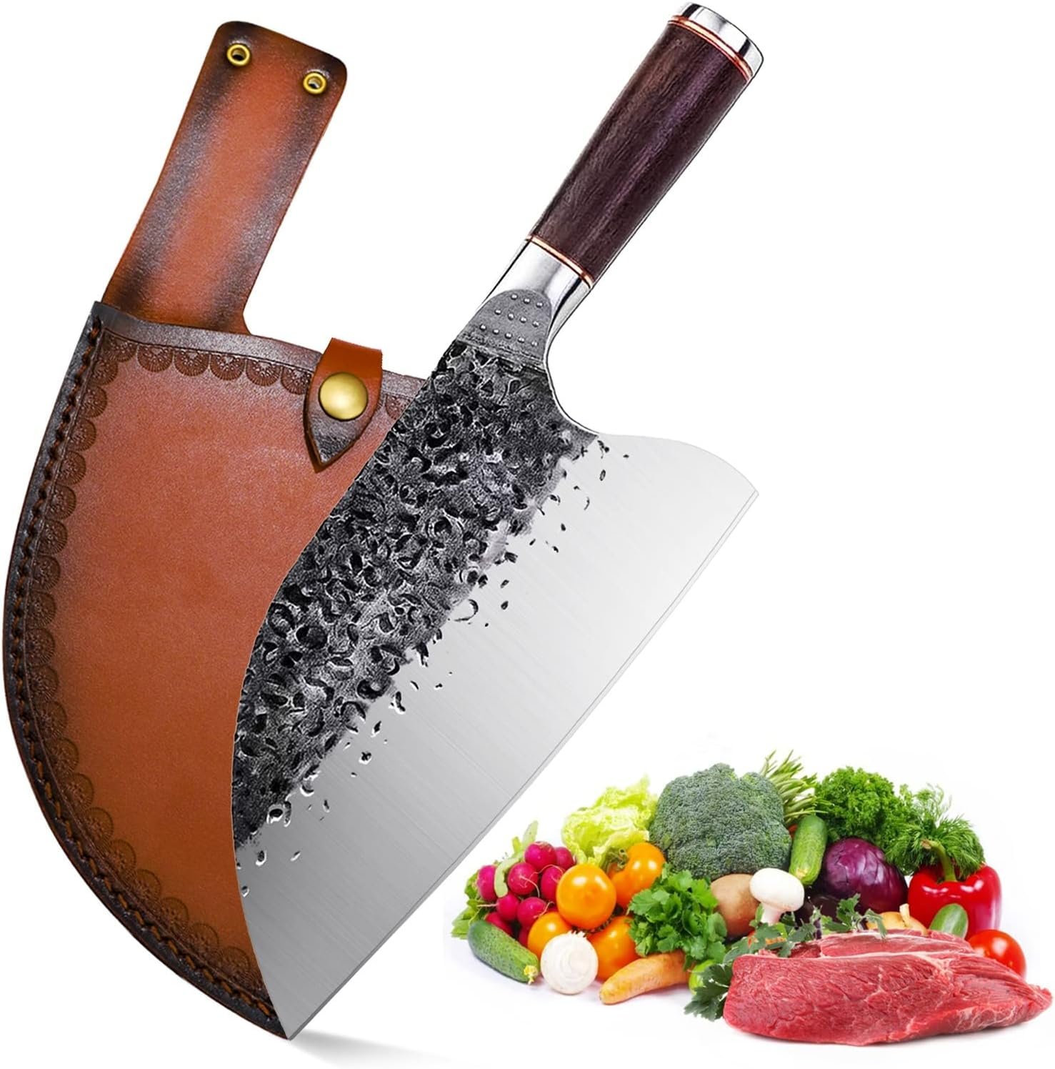 Handmade Forged Serbian Meat Cleaver Knife with Sheath Chef's knvies Full Tang Butcher Knife Outdoor Meat Vegetable Cleaver for Family, or Camping Gift for Dad