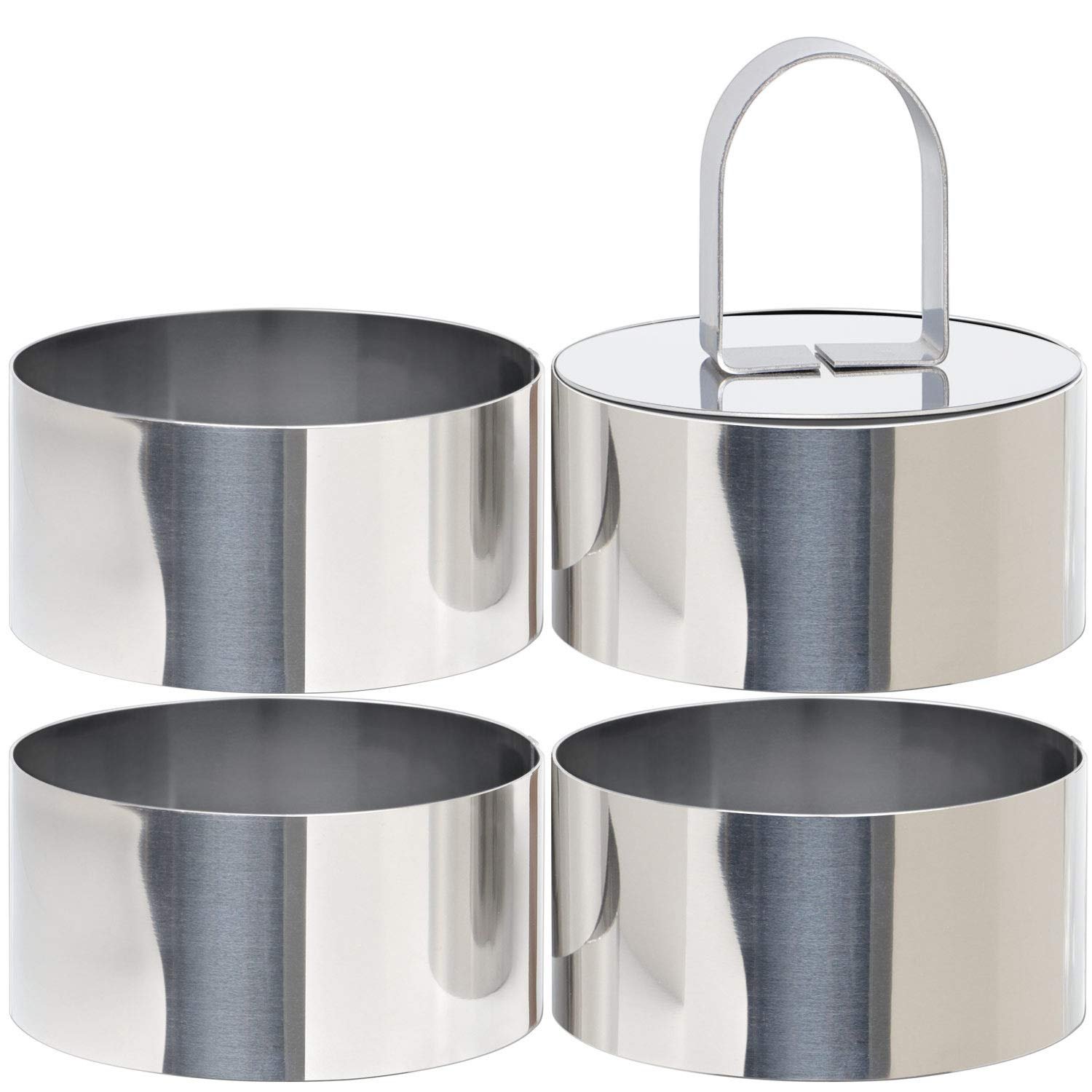 Round Cake Ring Mold, Stainless Steel 3” Cooking Crumpet Rings with 1 Pusher & 4 Food Form, Tuna Tartare Mold for Pancake, Salad, Mousse