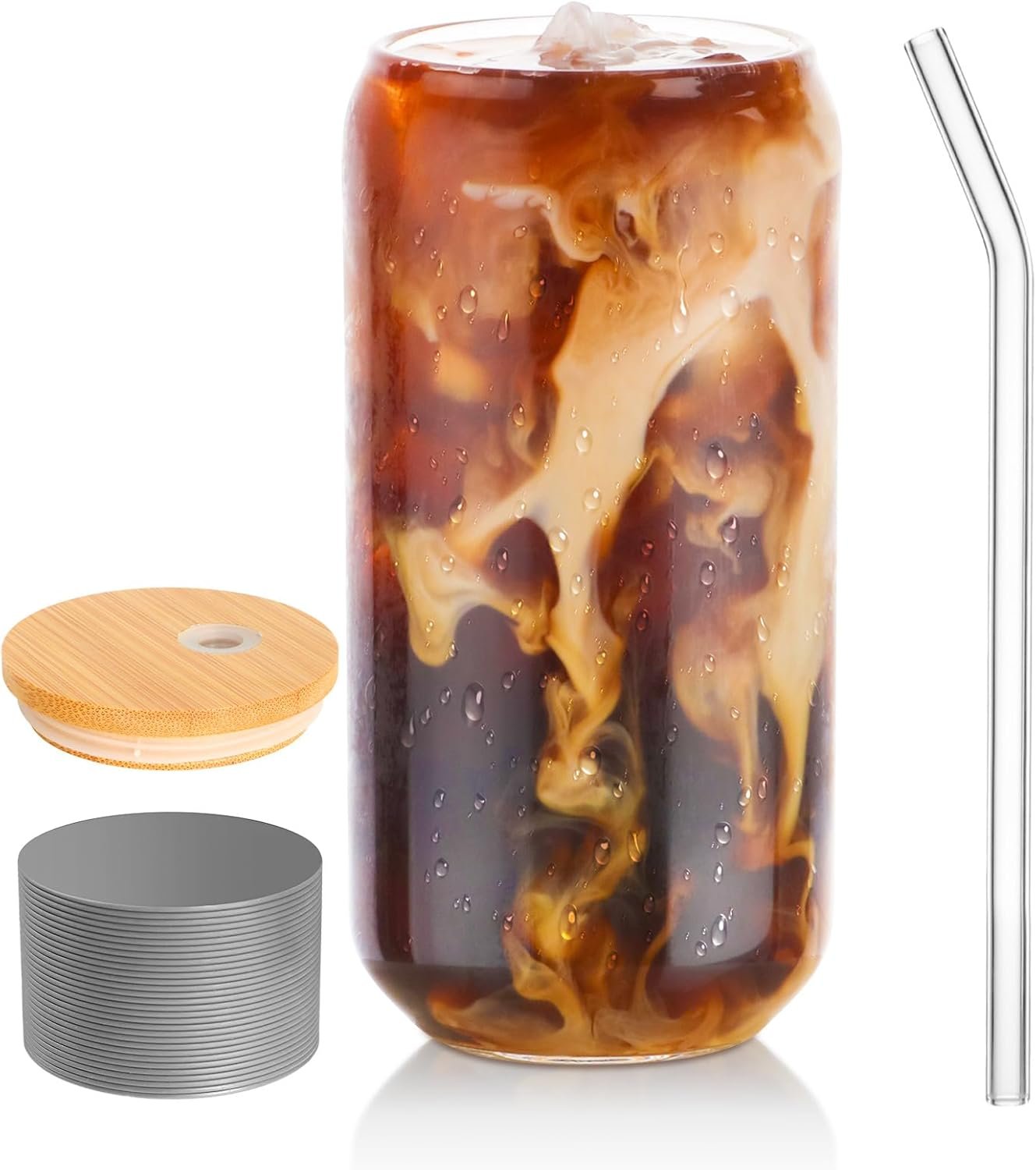 Drinking Glass, 16oz Can Shaped Glasses Cups, Iced Coffee Glasses, Beer Tumbler, for Whiskey, Soda, Tea, Juice, Gift, with Lid, Straw and Sleeve, 1 Pc