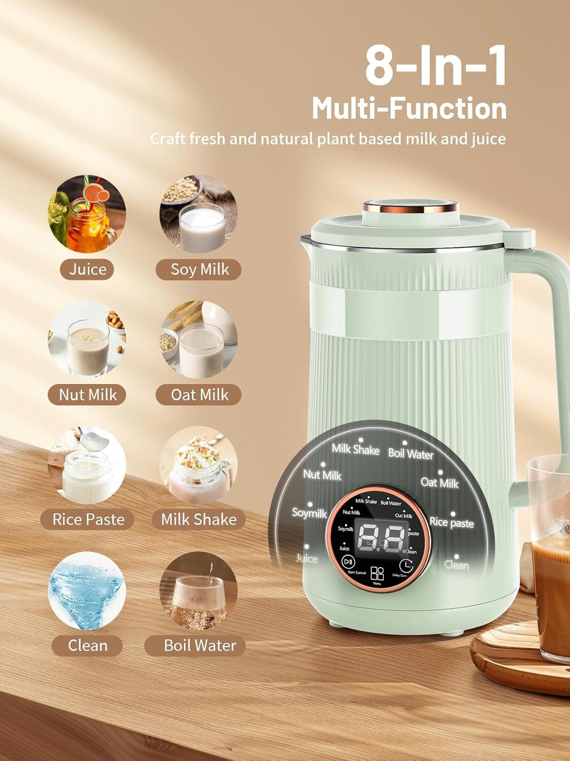 8 in 1 Automatic Nut Milk Maker,35oz Homemade Almond, Oat, Coconut, Plant Based Milks and Non Dairy Beverages, Soy Milk Machine with 10 Blades, 12 Hours Timer/Self-clean/Keep Warm/Boil Water - Image 2