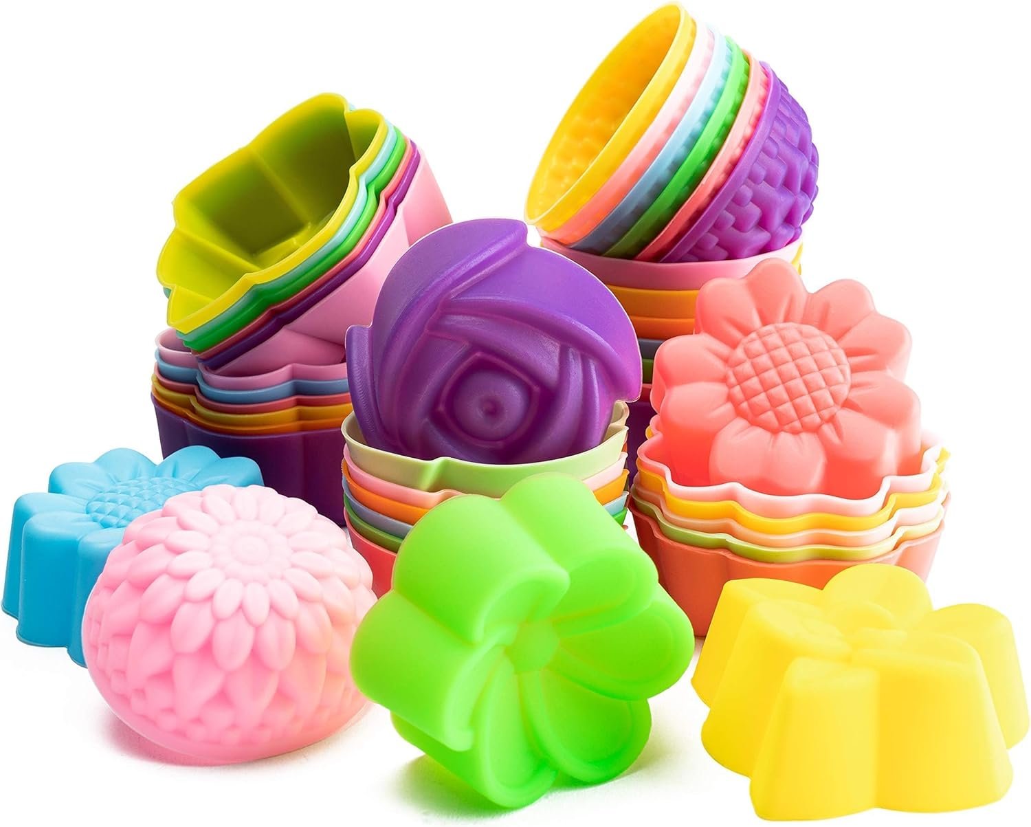 42Pcs Mini Size Silicone Molds, 2 x 0.8 inch Cupcake Multi Flower Shapes Baking Cups Non-Stick Donut Wrapper Mold Muffin Liners Washable for Pan Oven Microwave Dishwasher